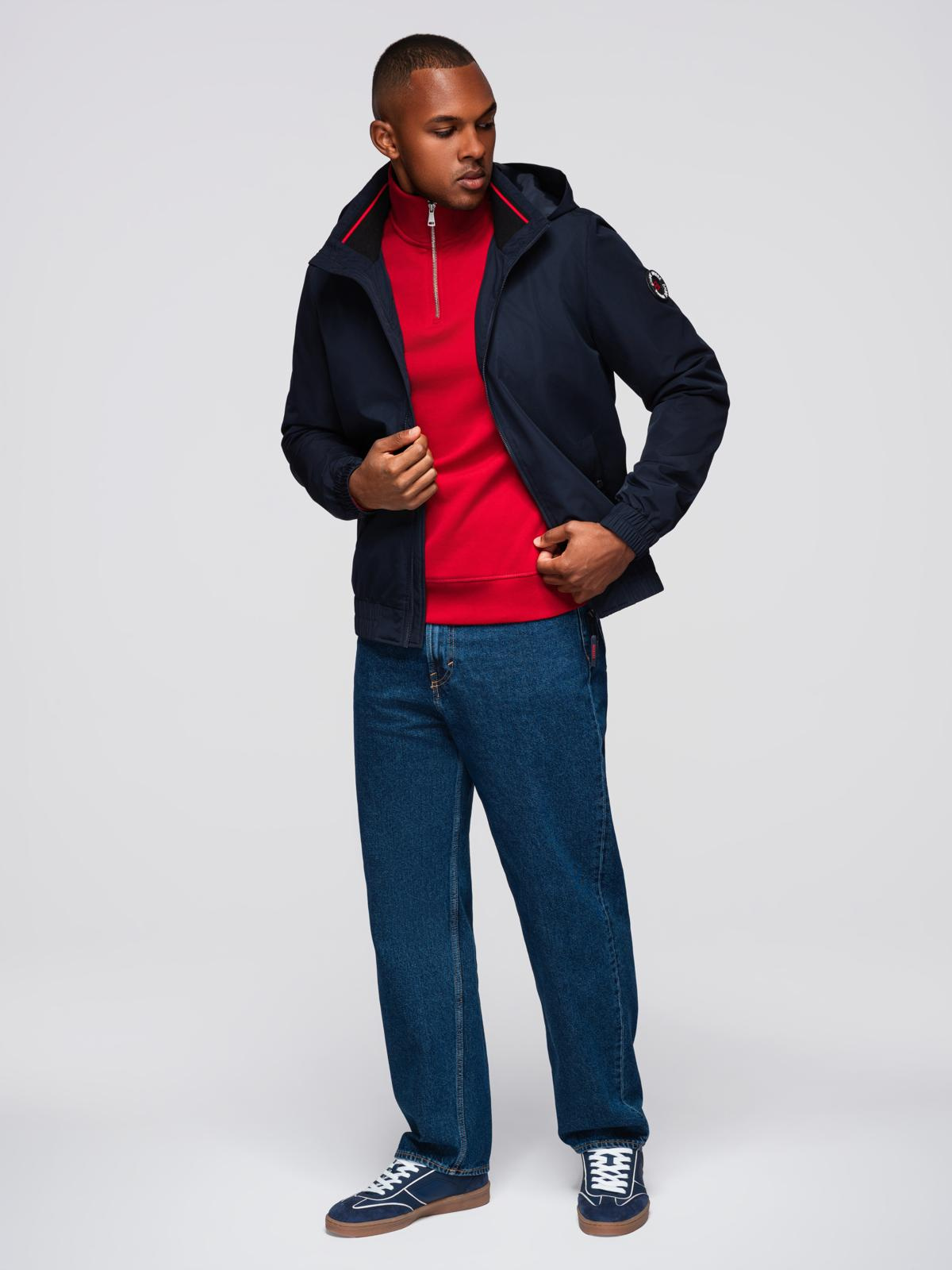 Ombre Men&#039;s jacket with hood and high collar - navy blue
