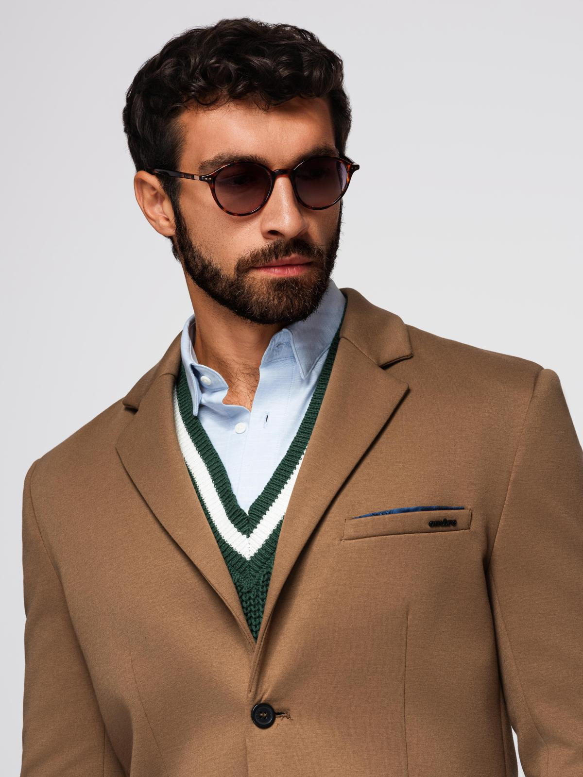 Ombre Men's knitted jacket with a fitted cut - light brown