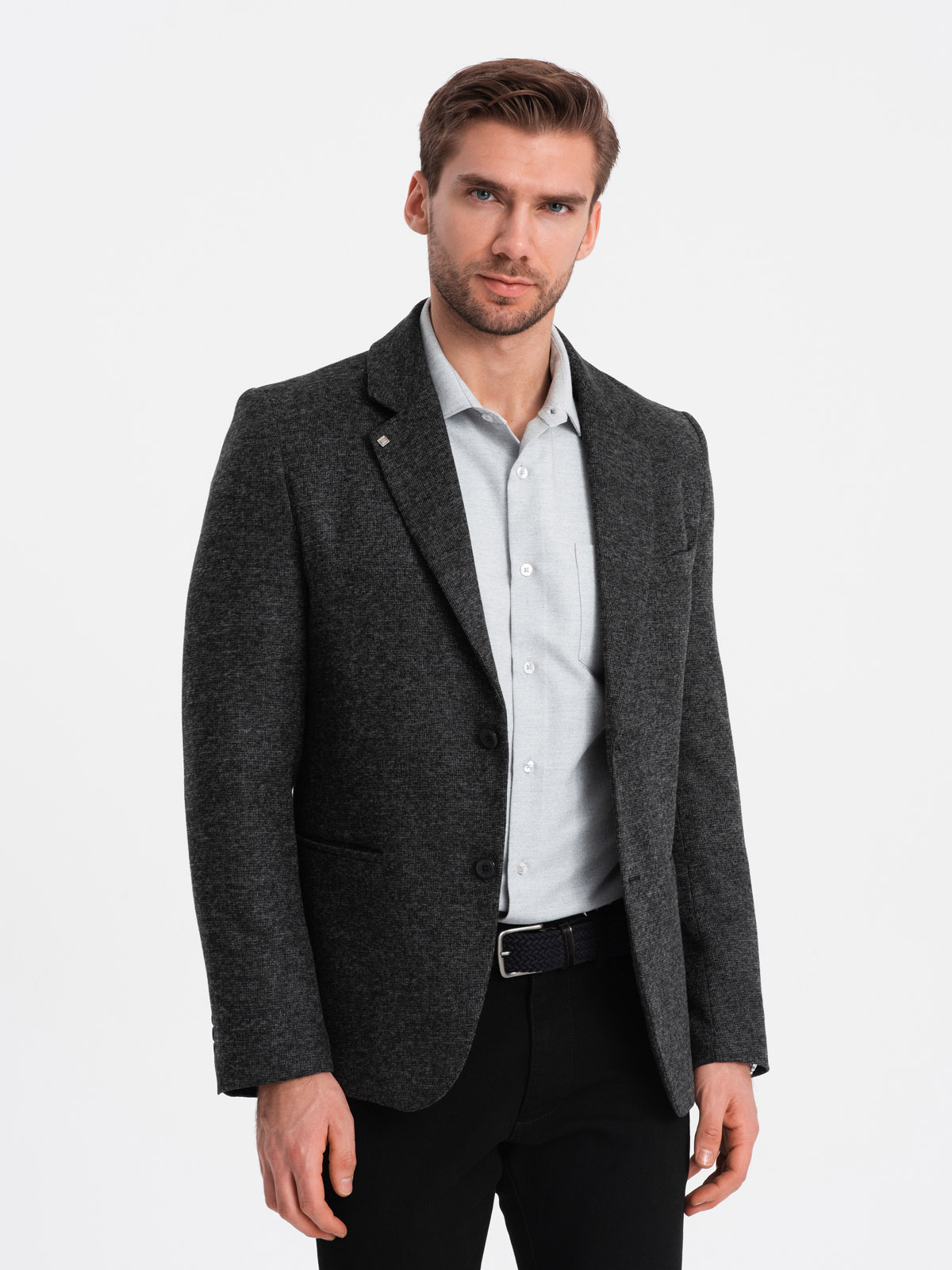 Levně Ombre Men's casual jacket with decorative pin on lapel - graphite melange