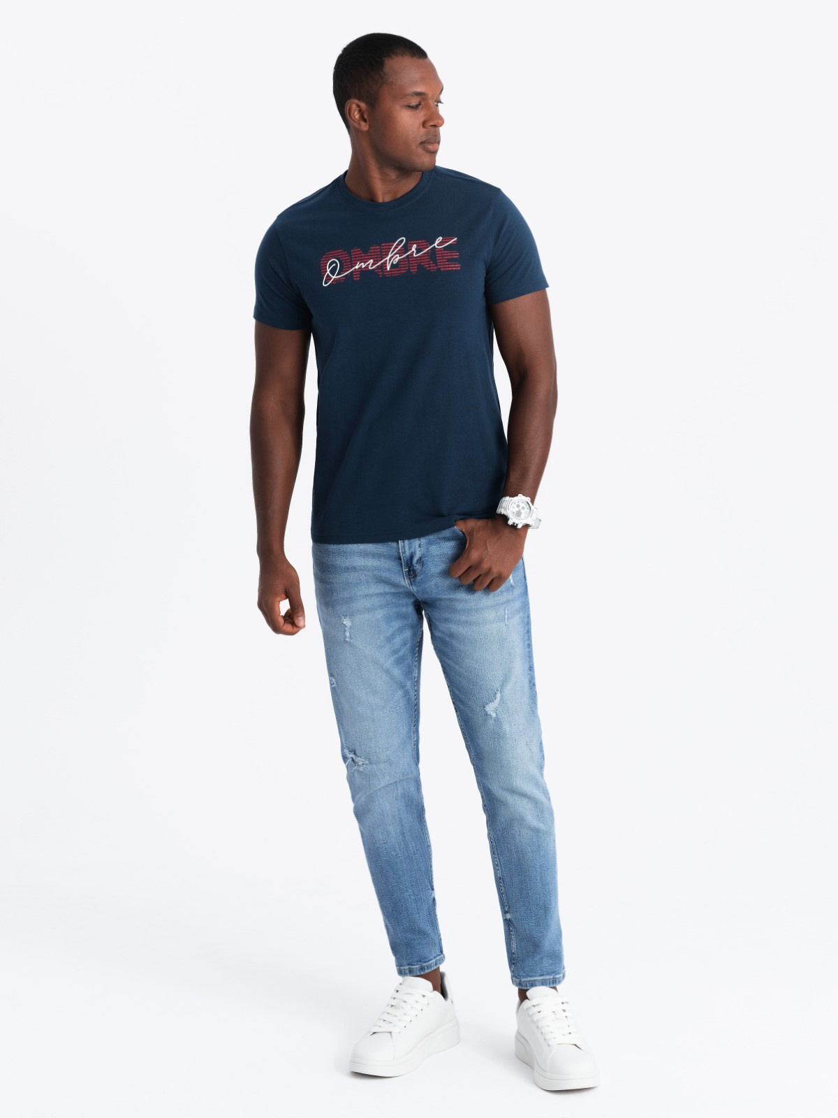 Ombre Men&#039;s cotton t-shirt with double printed logo - navy blue