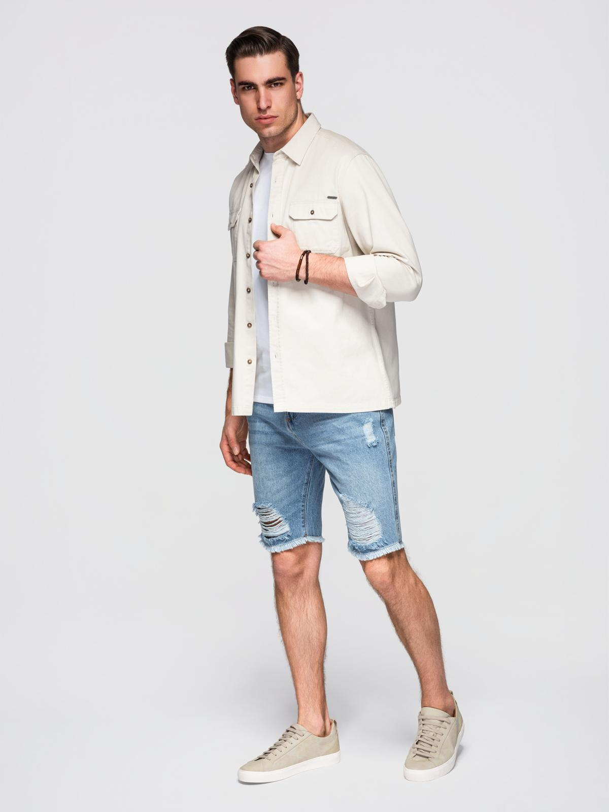 Ombre Men's short denim shorts with rips and holes - light blue