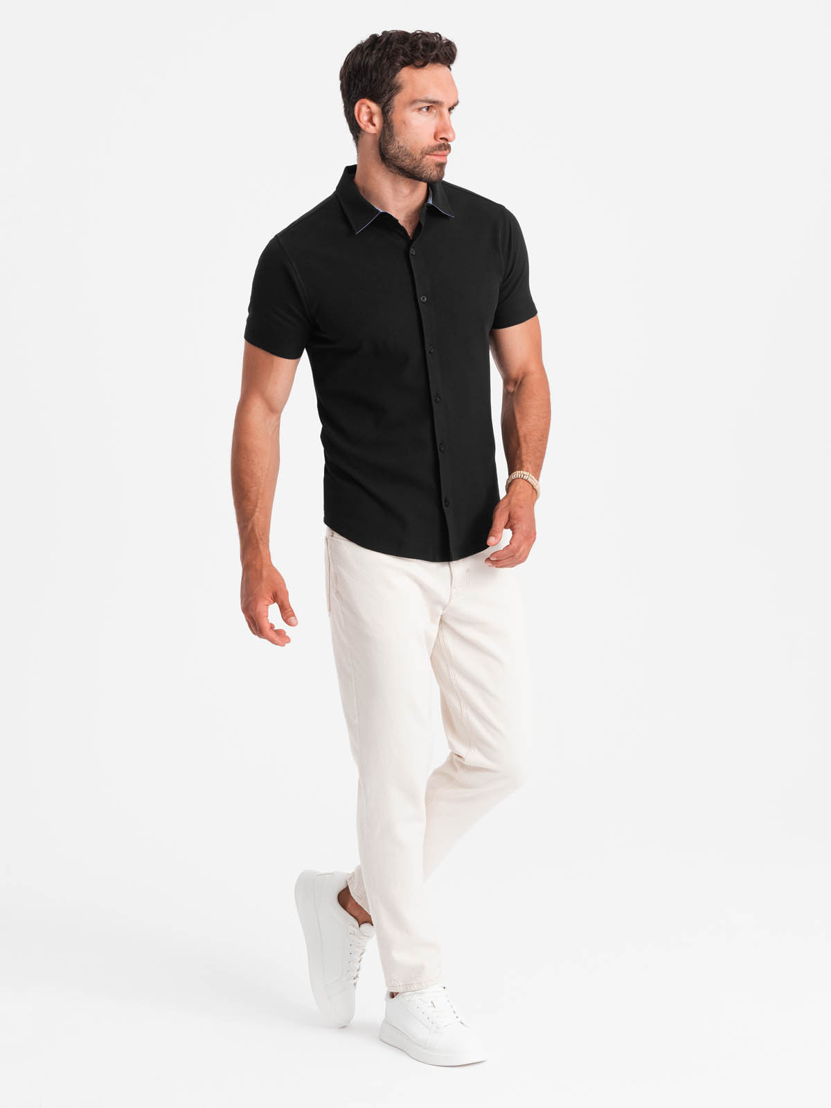 Ombre Men's knitted slim fit shirt with short sleeves and collar - black
