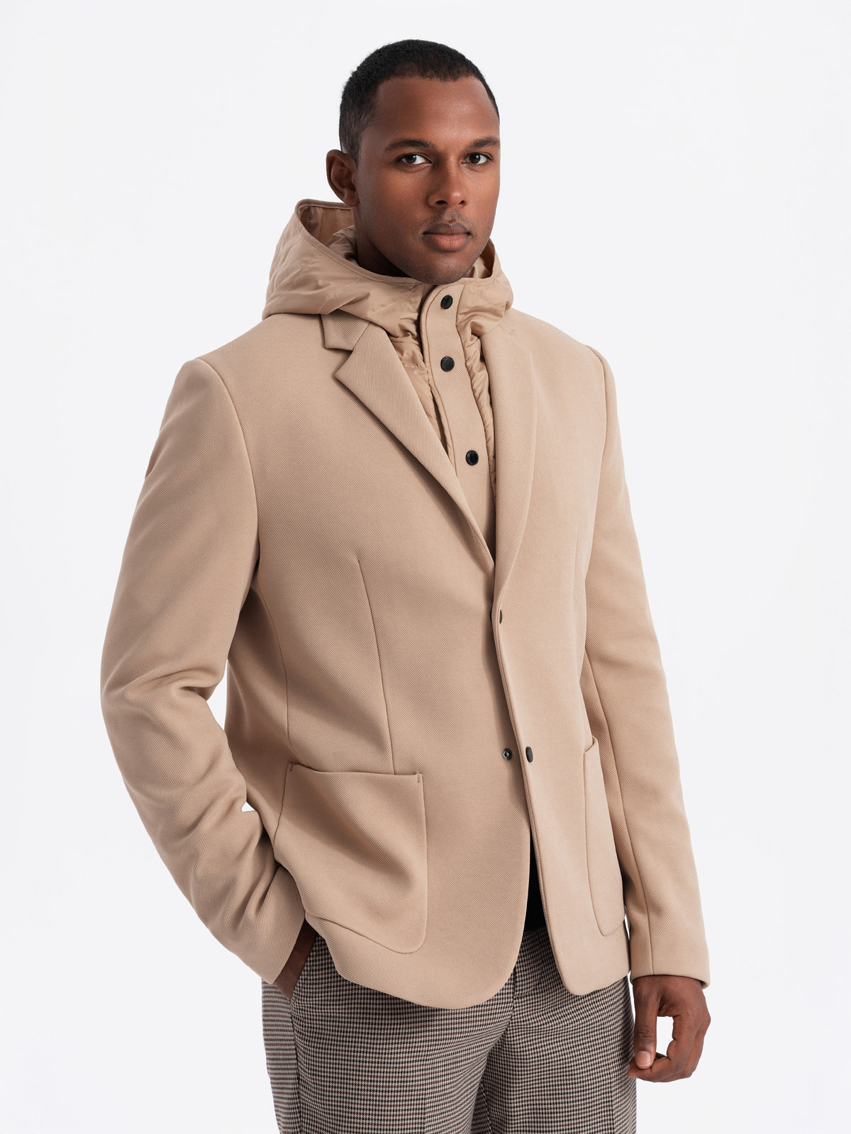 Ombre Men's Jacket With High Collar And Hood - Light Brown