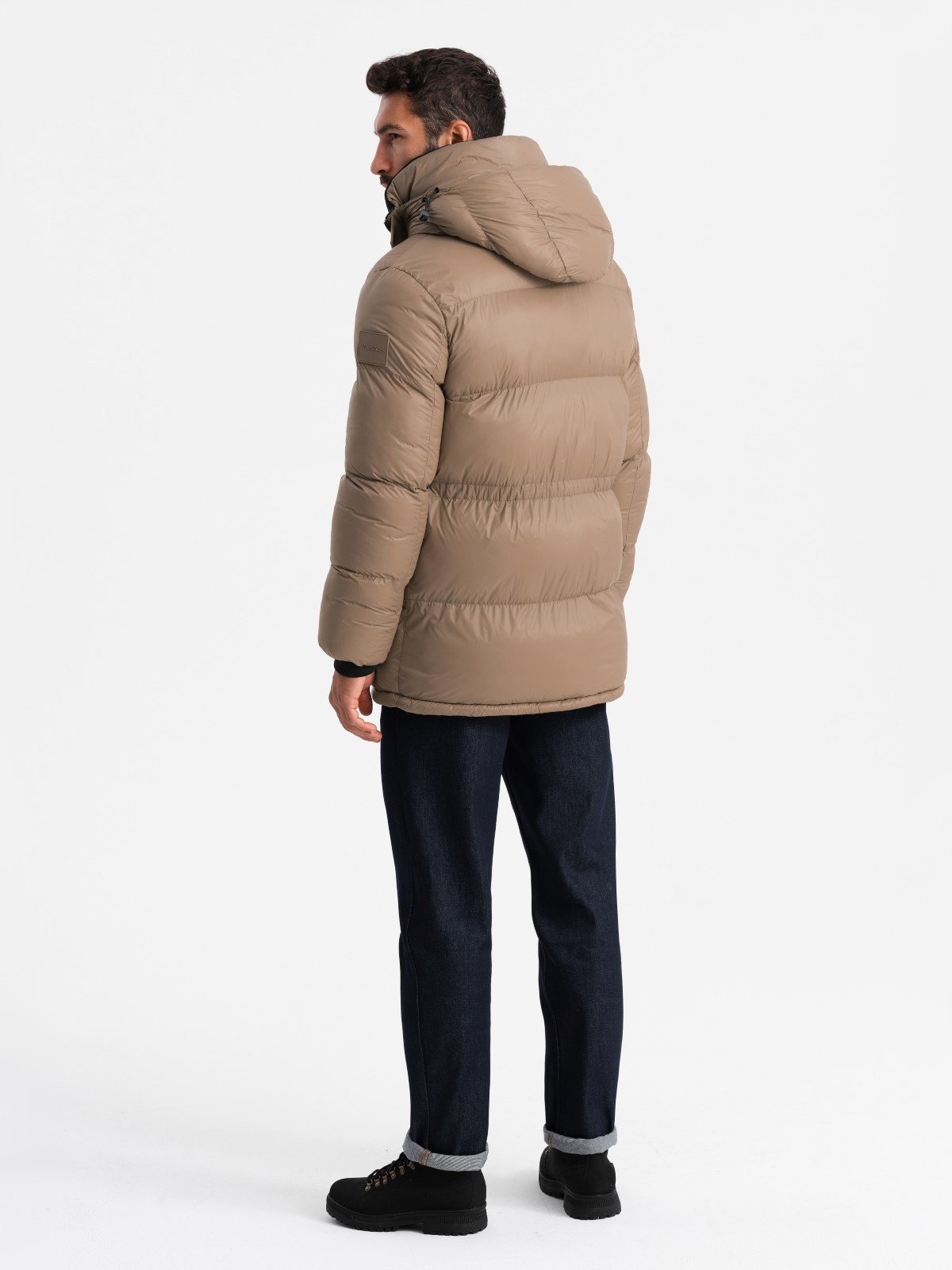 Ombre Men&#039;s long puffer jacket with snap pockets - brown