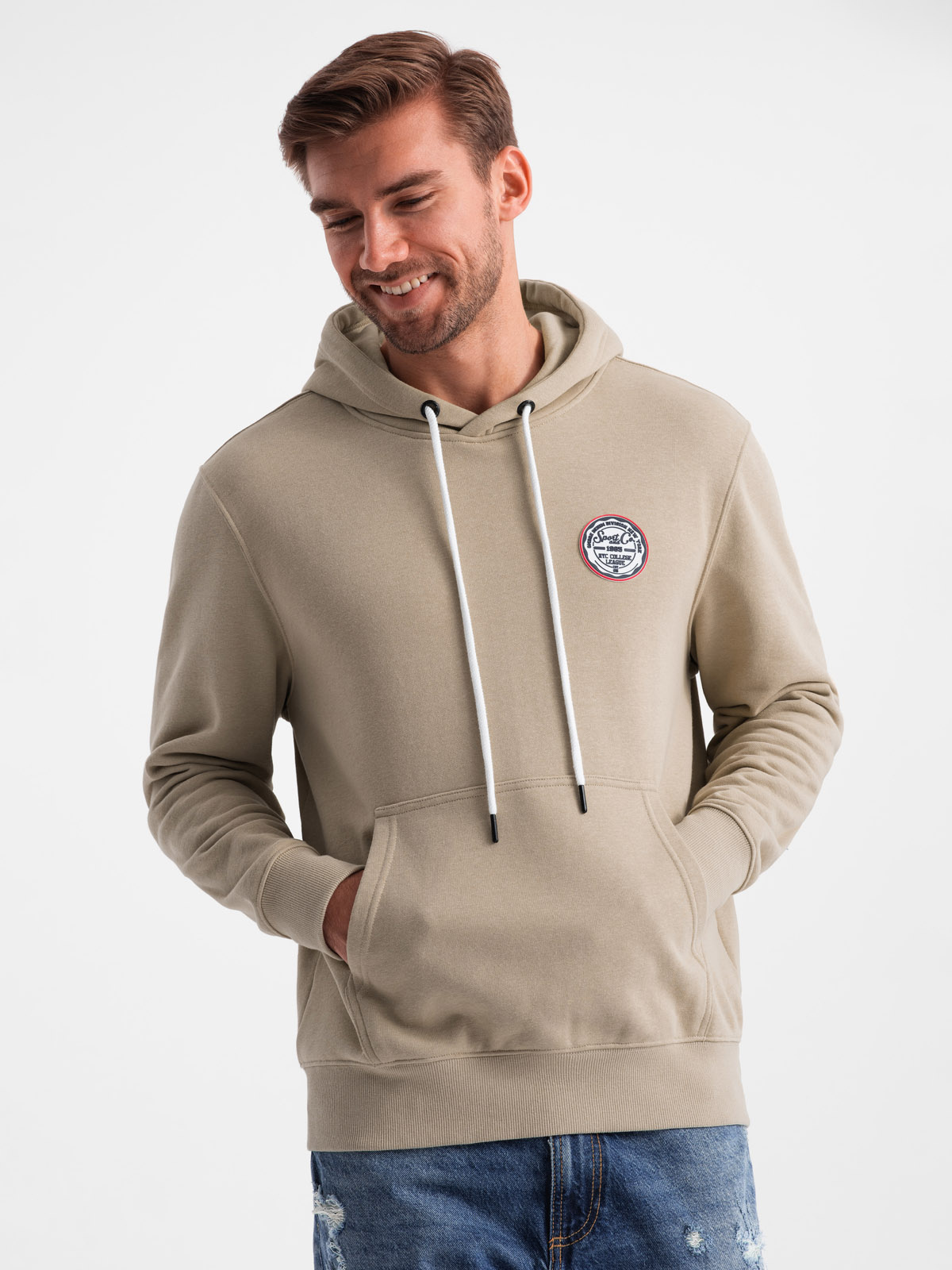 Ombre Men's Kangaroo Sweatshirt With Hood And College Style Patch - Sand