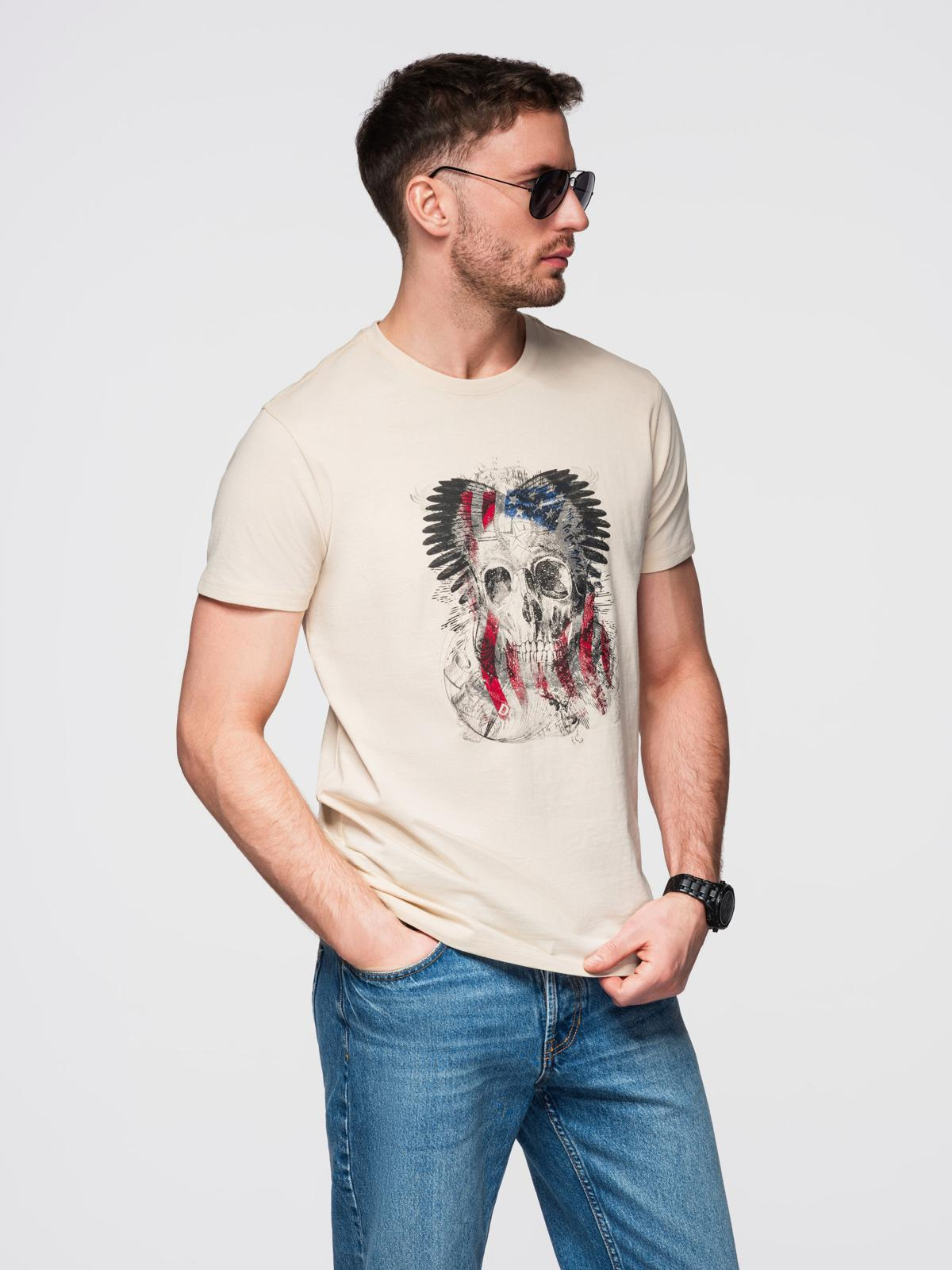 Ombre Men's cotton t-shirt with rock style print - cream