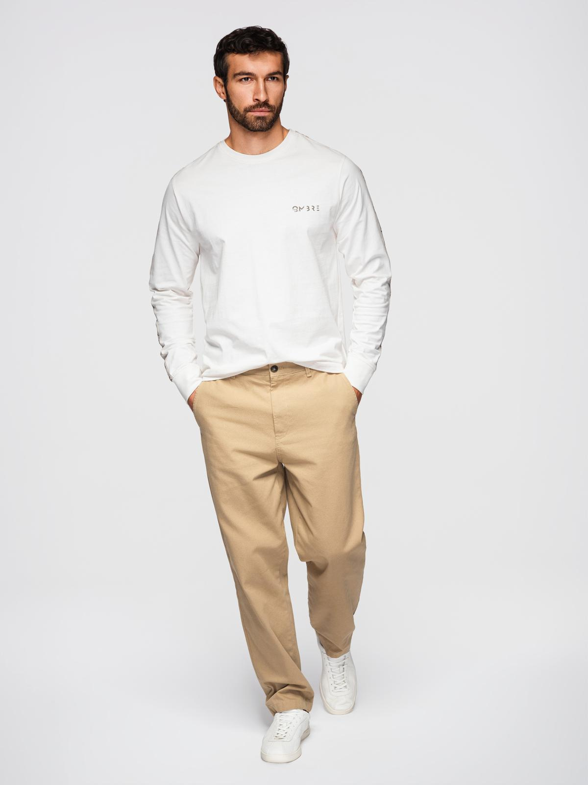 Ombre Men's cotton U-neck longsleeve with piping and chest print - broken white