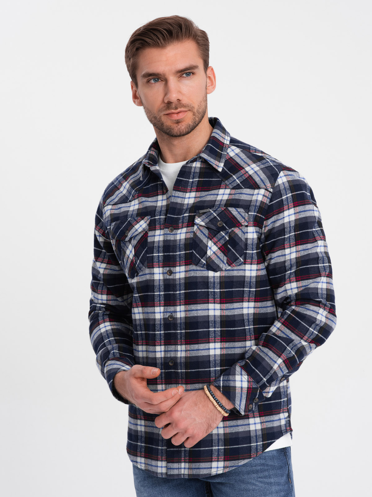 Levně Ombre Men's checkered flannel shirt with pockets - navy blue and red