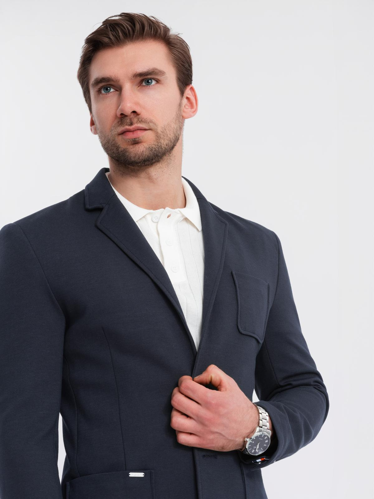 Ombre Men's SLIM knit jacket with subtle texture - navy blue