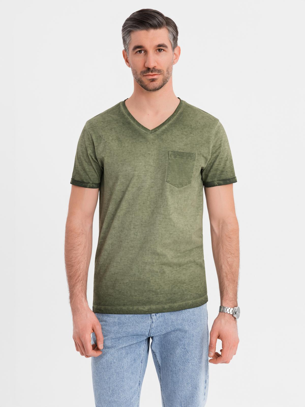 Ombre Men's cotton V-neck knit t-shirt with washed effect - olive