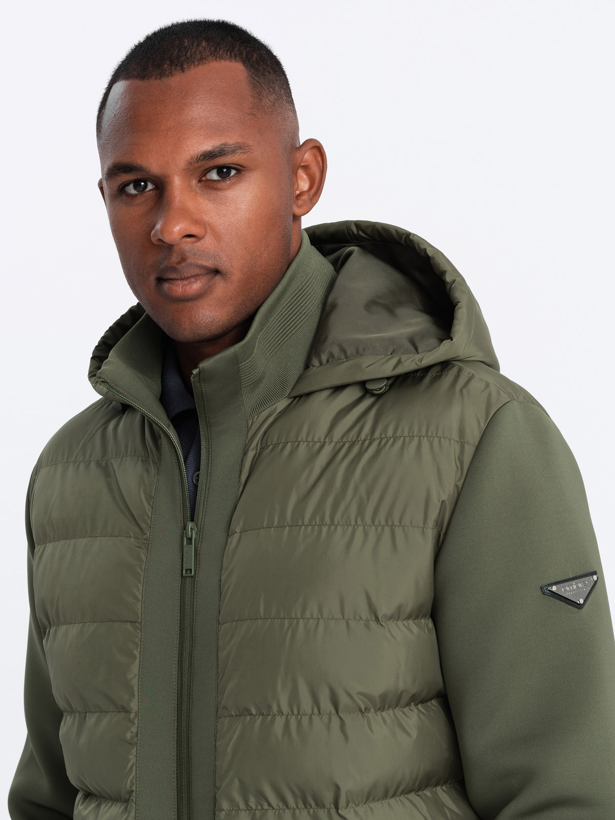 Ombre Men&#039;s quilted bomber jacket with high collar - dark olive green