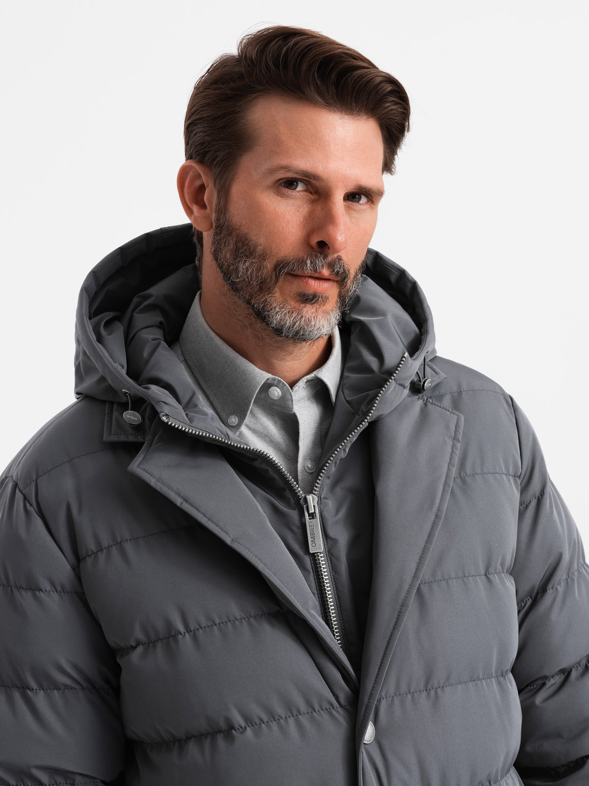 Ombre Men&#039;s long quilted jacket with lapels and lining - graphite