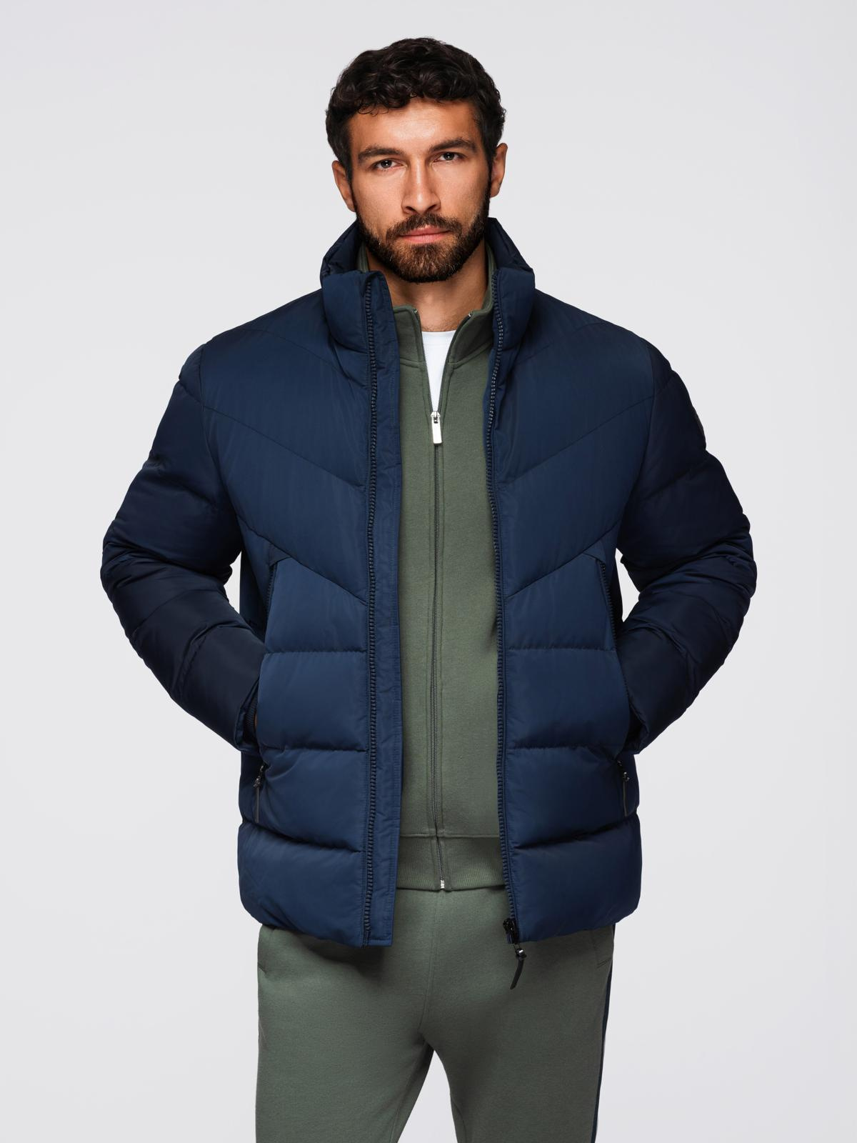 Ombre Men&#039;s jacket with asymmetrical quilting and hood - navy blue