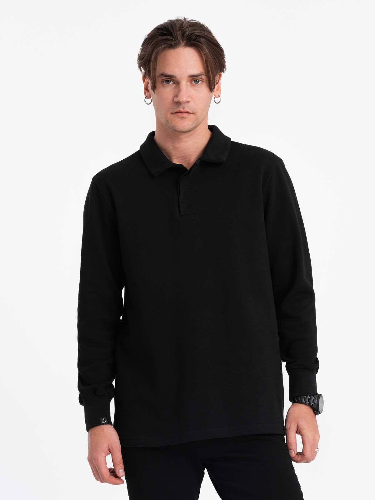 Levně Ombre Men's structured knit polo collar sweatshirt - black