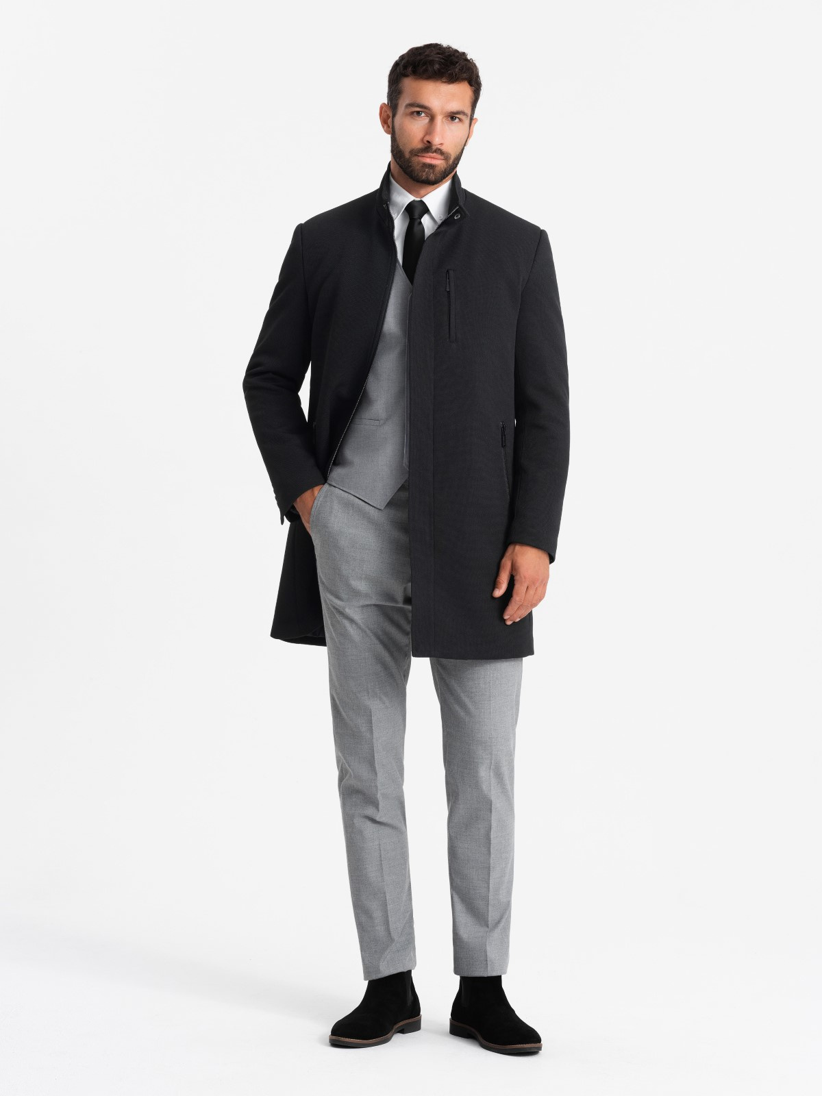 Ombre Fitted structured men's high collar coat - black