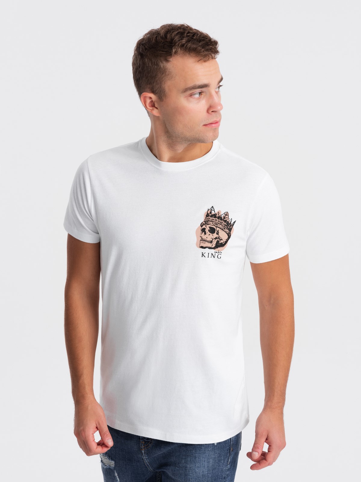 Levně Ombre Men's cotton t-shirt with chest print - white