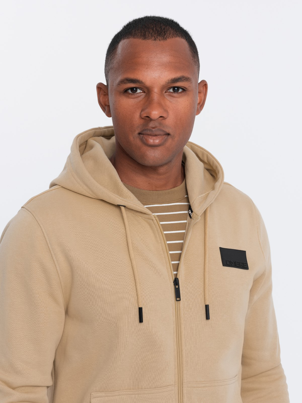 Ombre Men&#039;s unbuttoned sweatshirt with hood and patch - sand