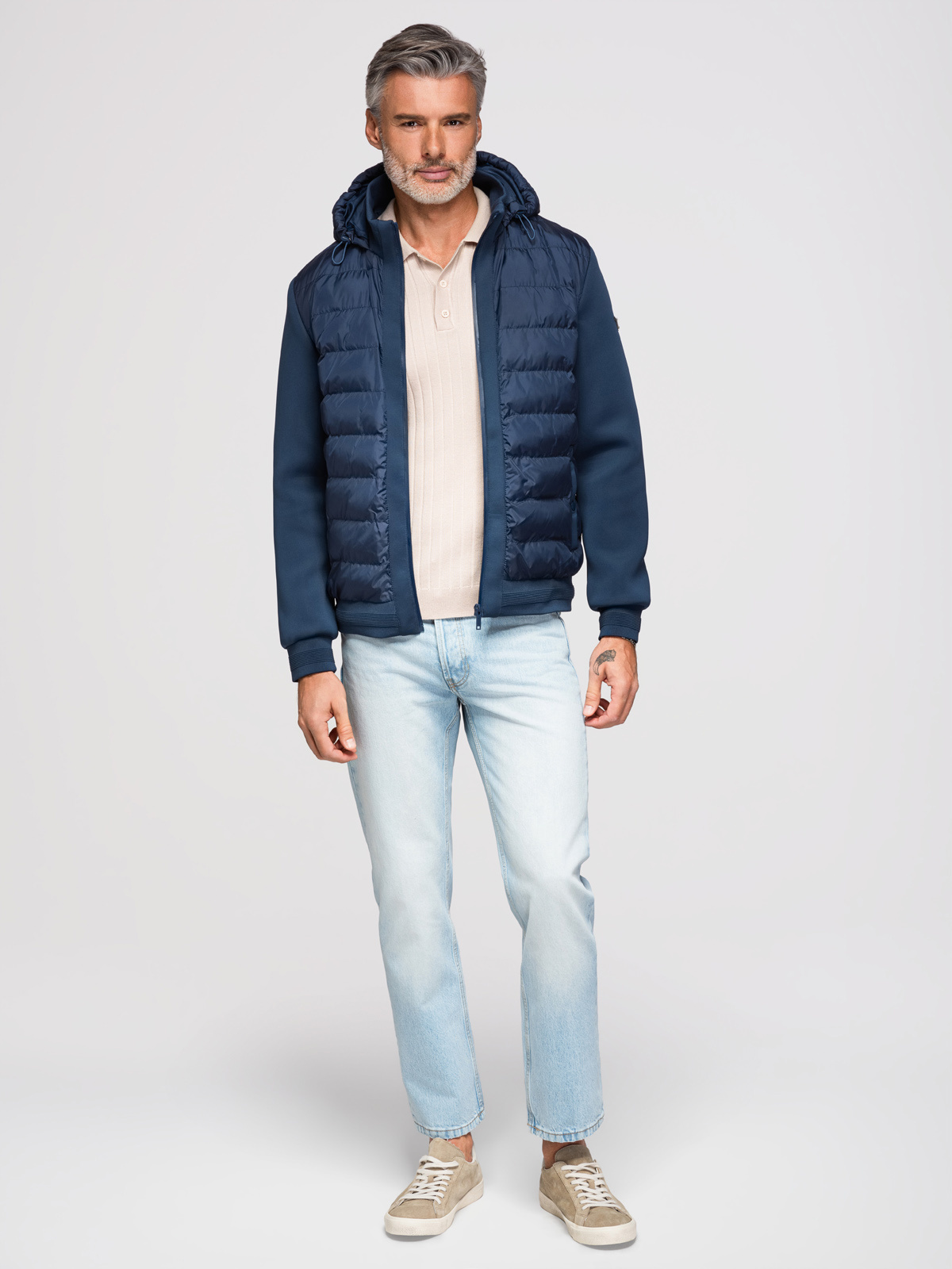 Ombre Quilted bomber jacket with hood and knitted sleeves - navy blue