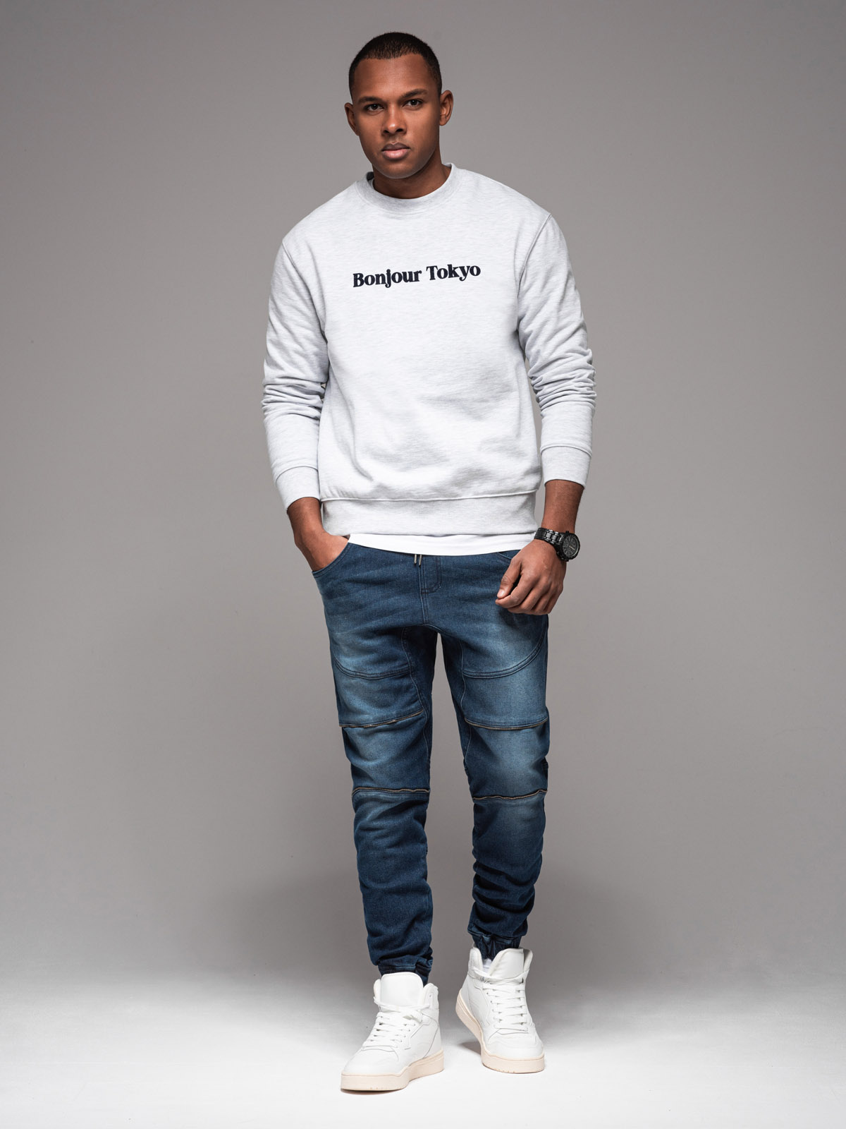 Ombre Men&#039;s denim jogger pants with rips and zippers - dark blue