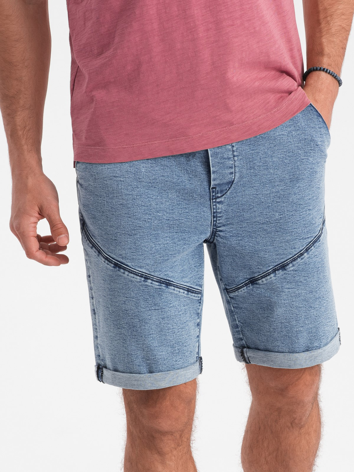 Ombre Turn-up denim men&#039;s short shorts with stitching - light blue