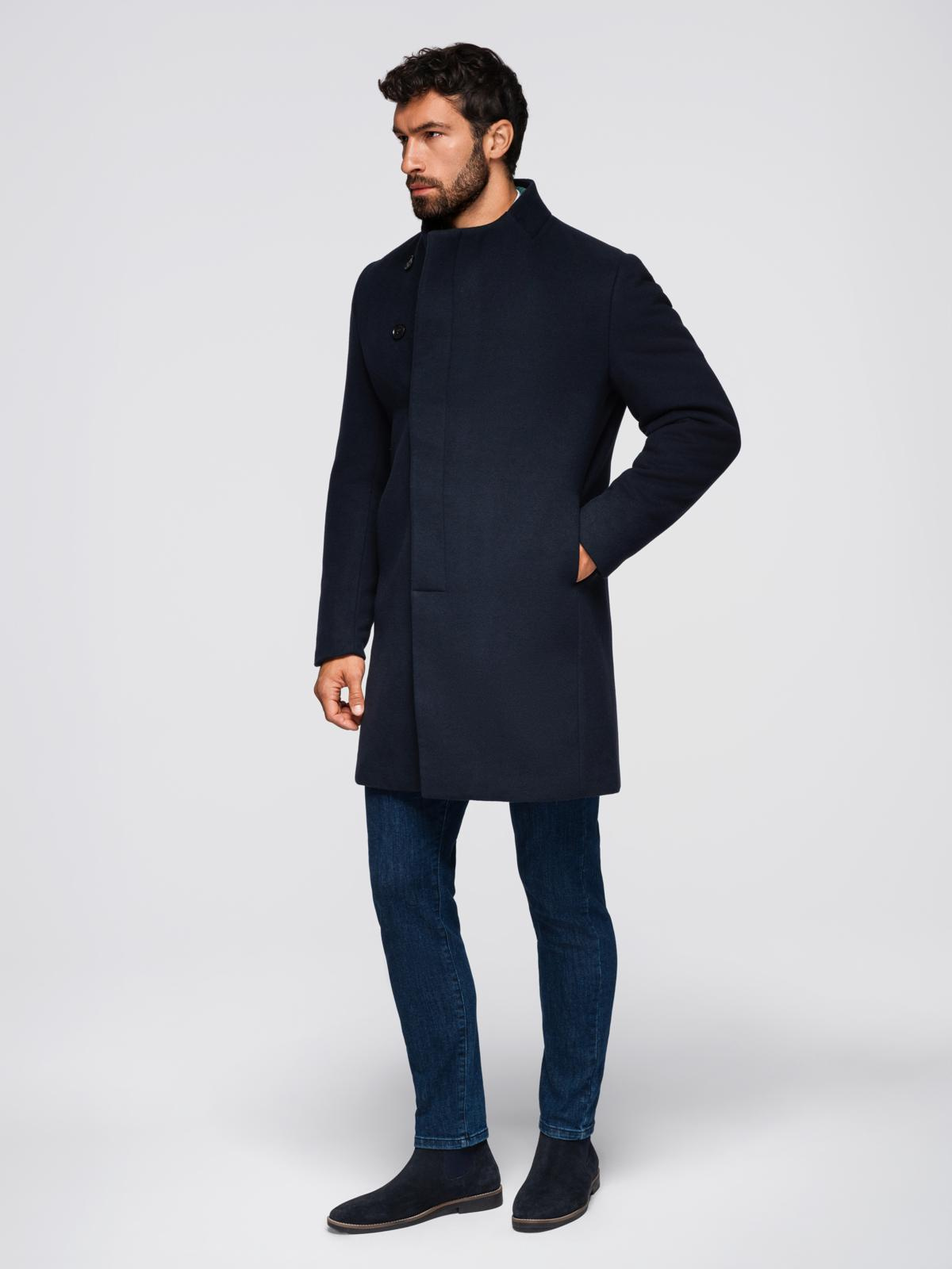 Ombre Men&#039;s coat with asymmetrical fastening and high collar - navy blue