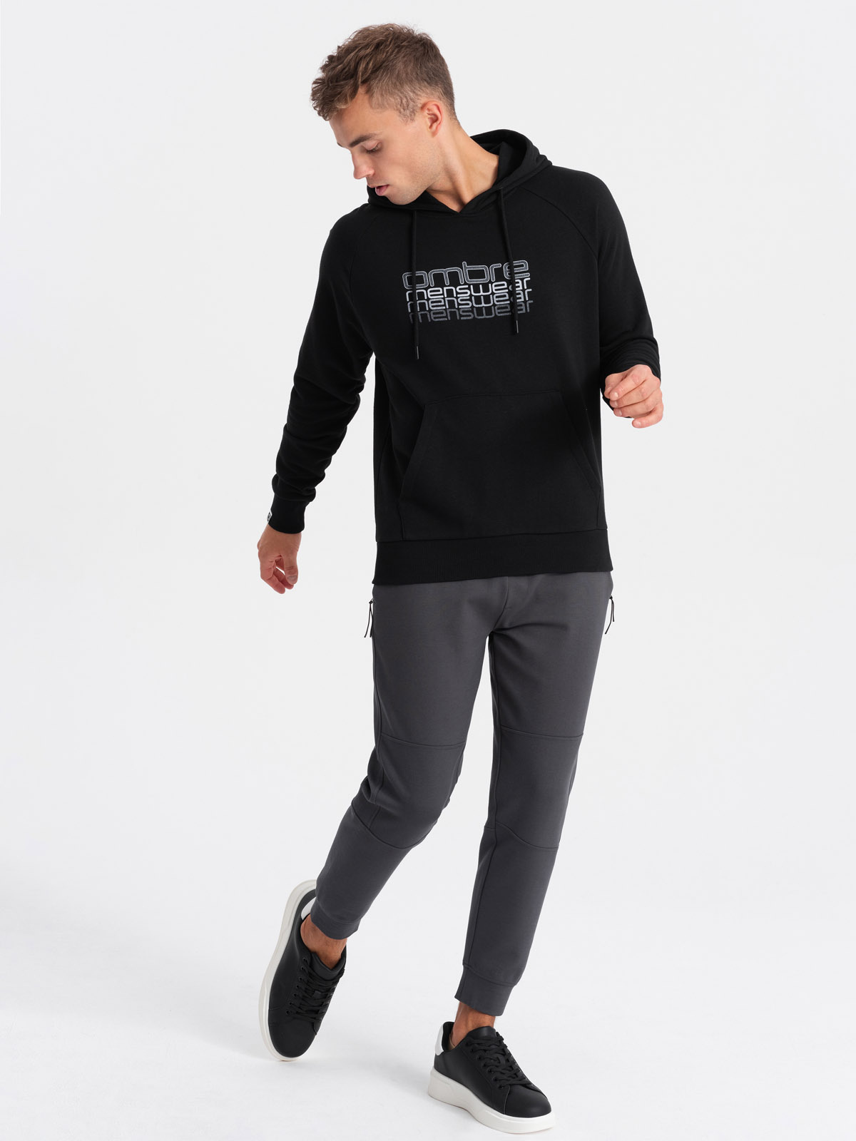 Ombre Men's non-stretch hooded sweatshirt with print - black