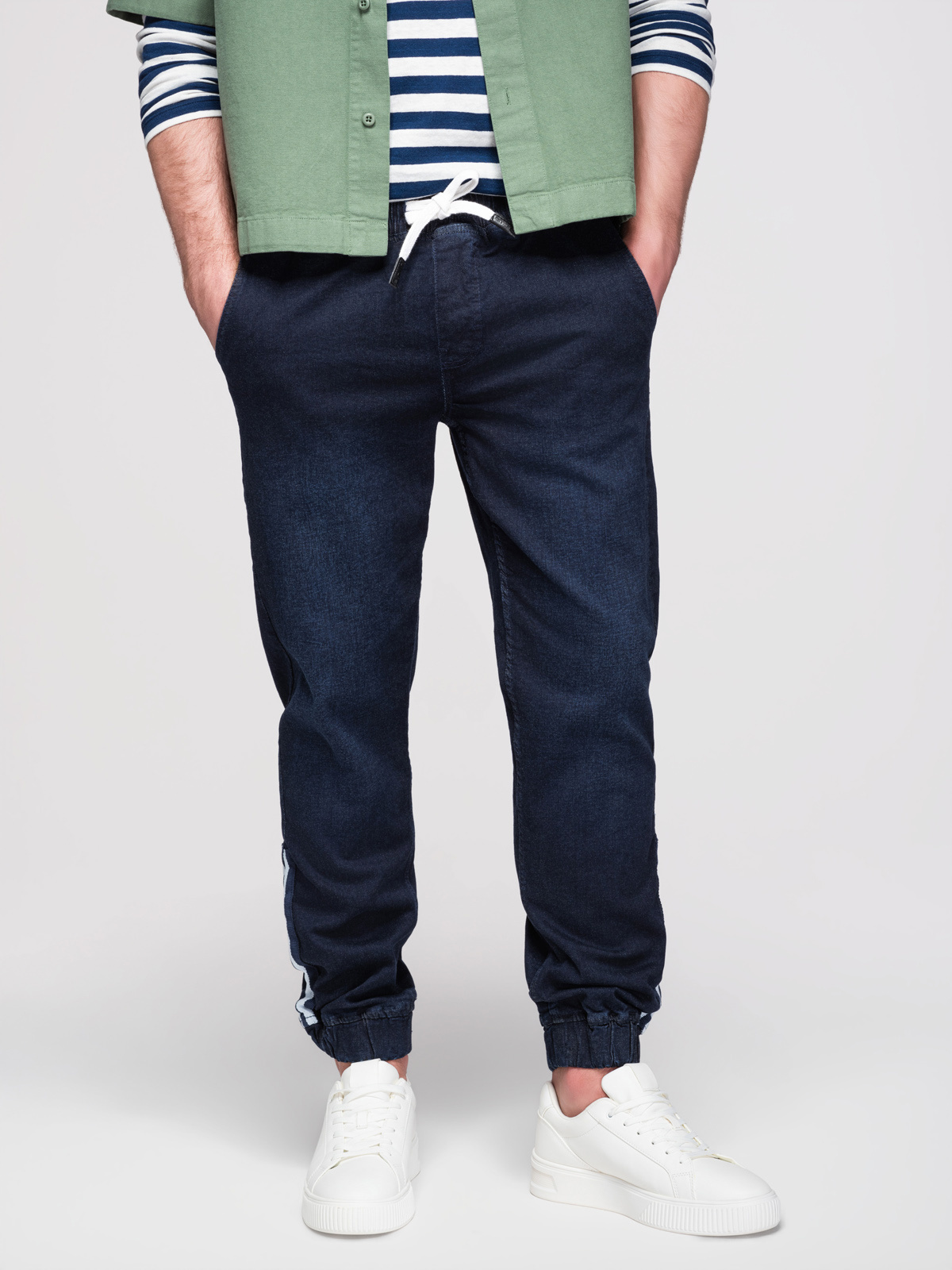 Ombre Men's denim joggers with piping - dark blue