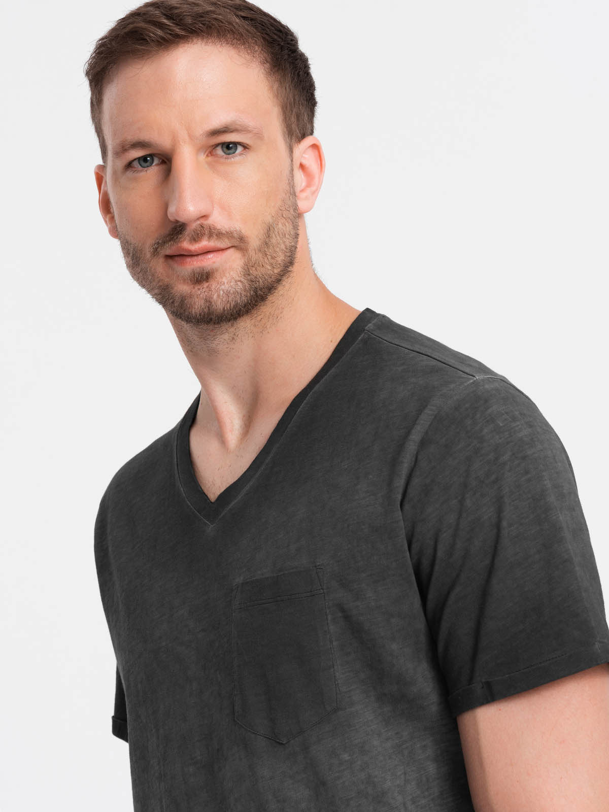 Ombre Men's brindle V-neck t-shirt with pocket - black