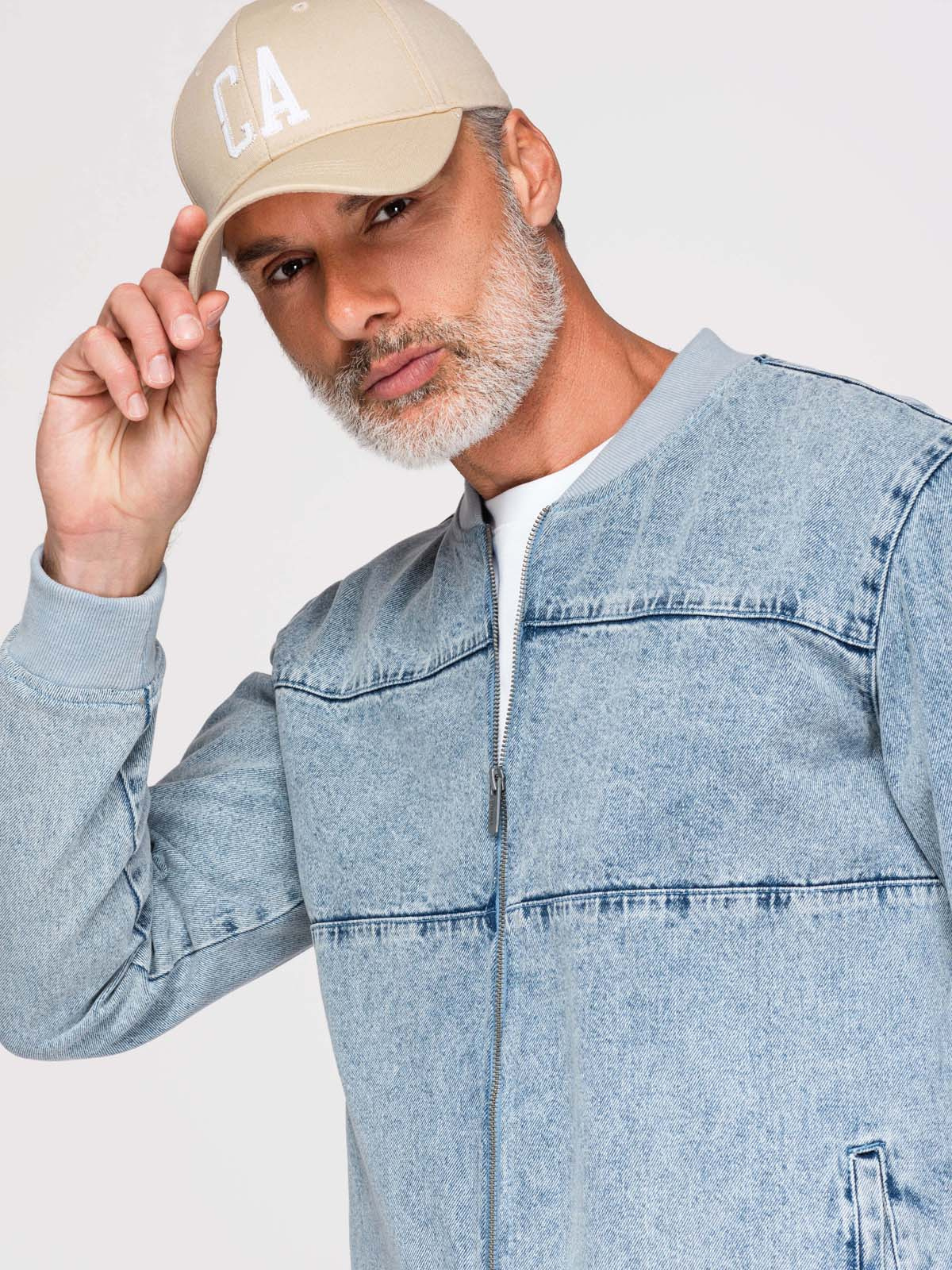 Ombre Men's denim bomber jacket with stone wash effect - light blue