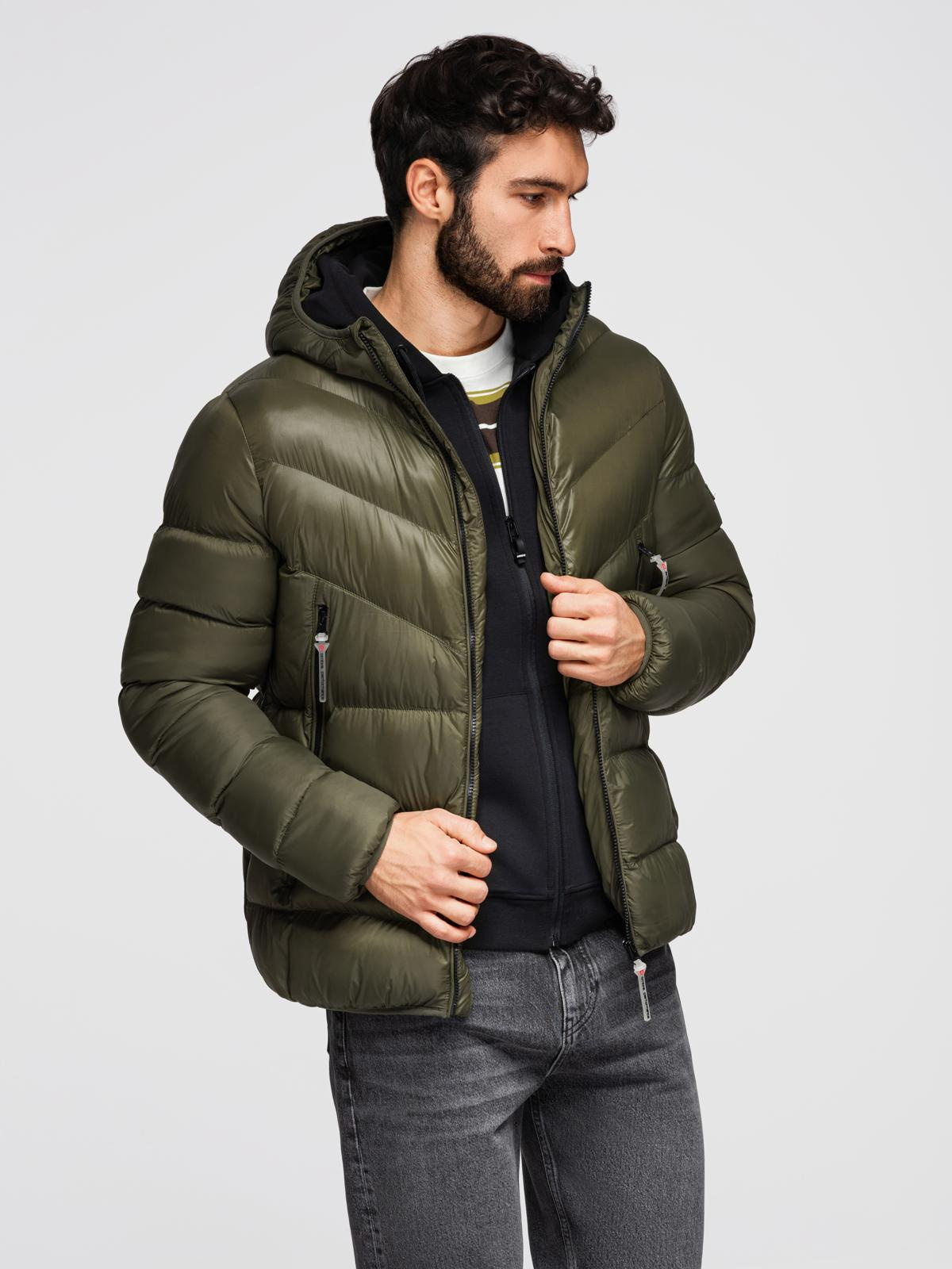 Ombre Men's quilted winter jacket with combined materials - dark olive green
