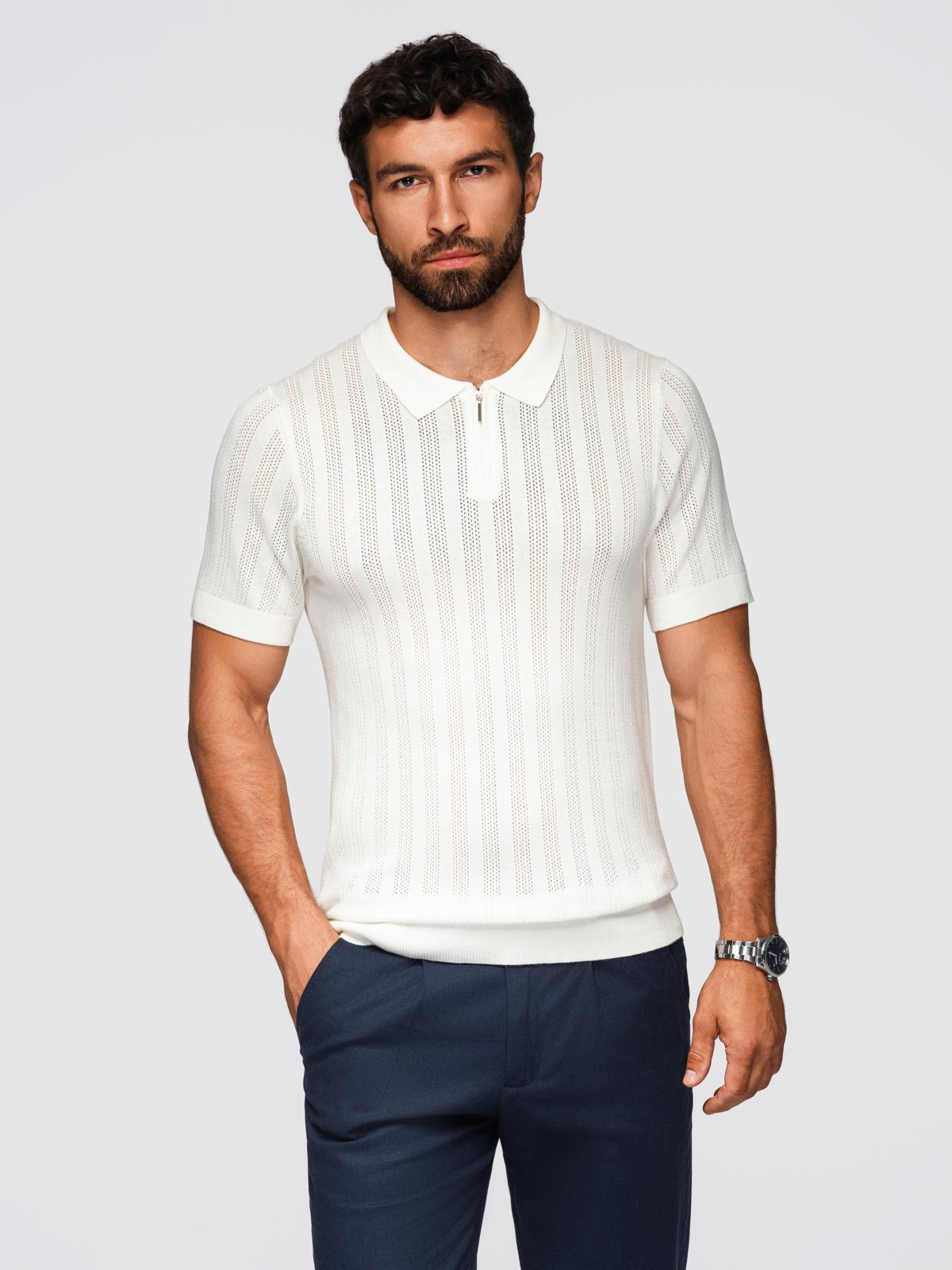 Ombre Men's openwork polo shirt with zipper at neckline - white