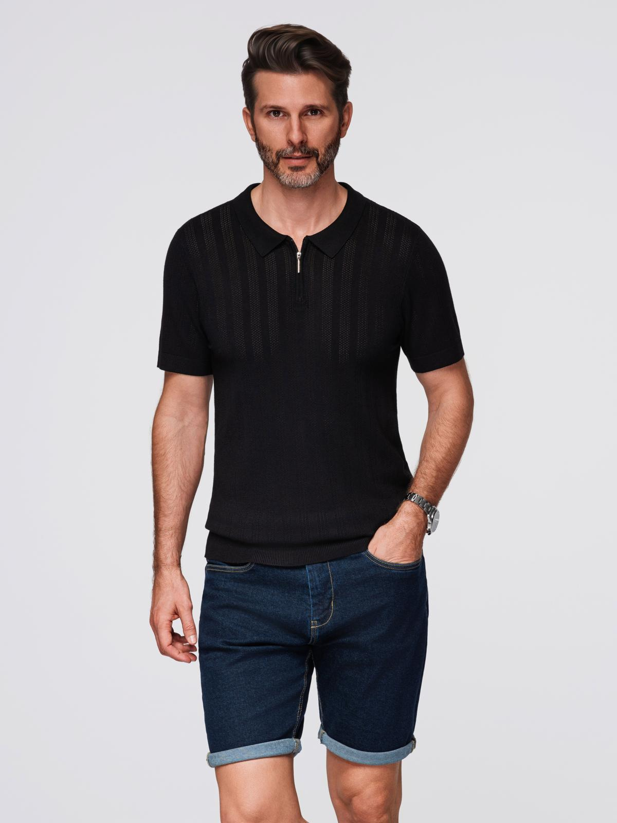 Ombre Men's openwork polo shirt with zipper at neckline - black