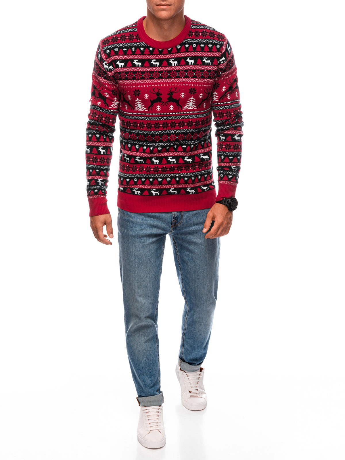 Edoti Men&#039;s red Christmas jumper with Norwegian patterns - red