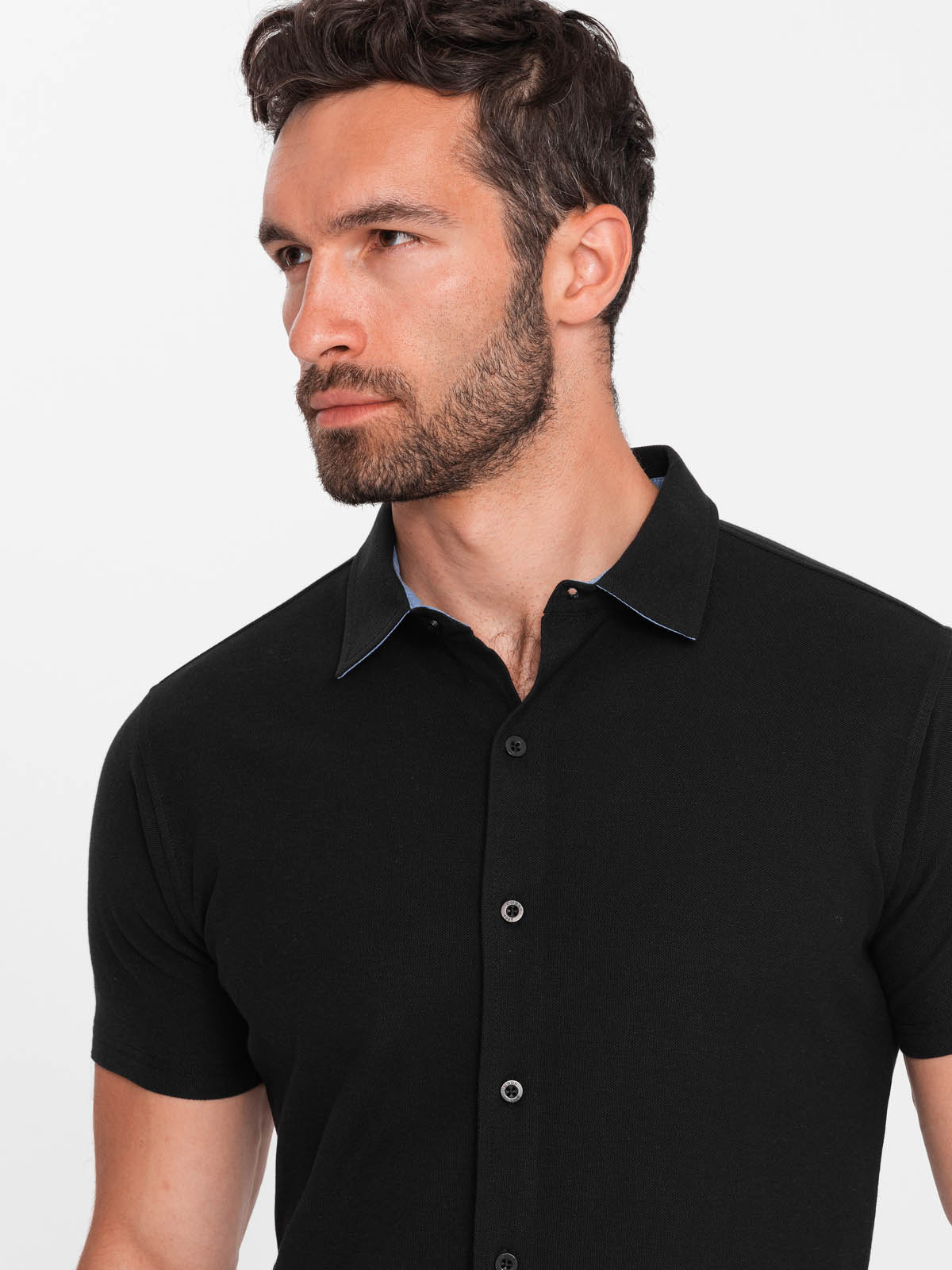 Ombre Men's knitted slim fit shirt with short sleeves and collar - black