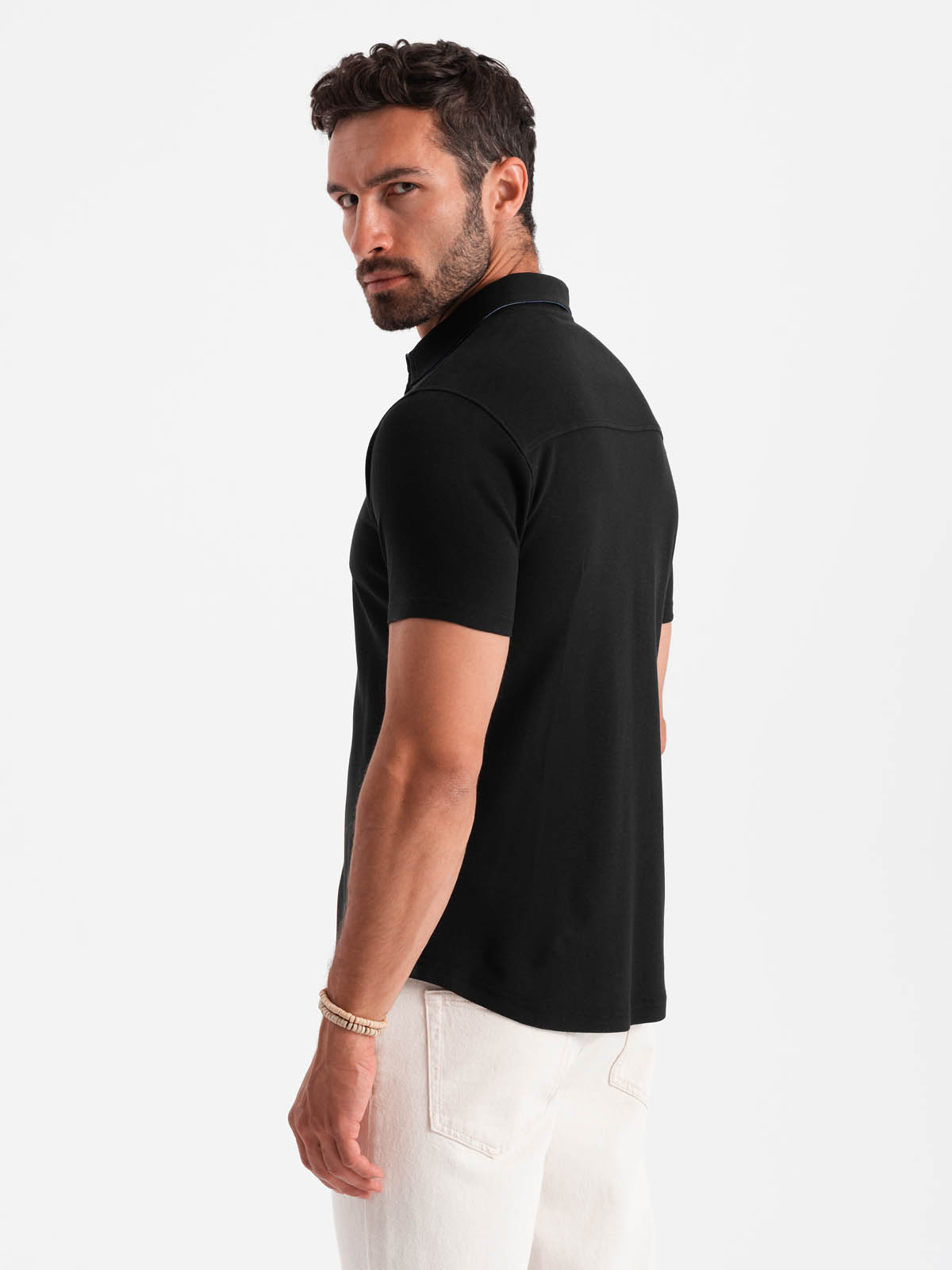 Ombre Men's knitted slim fit shirt with short sleeves and collar - black