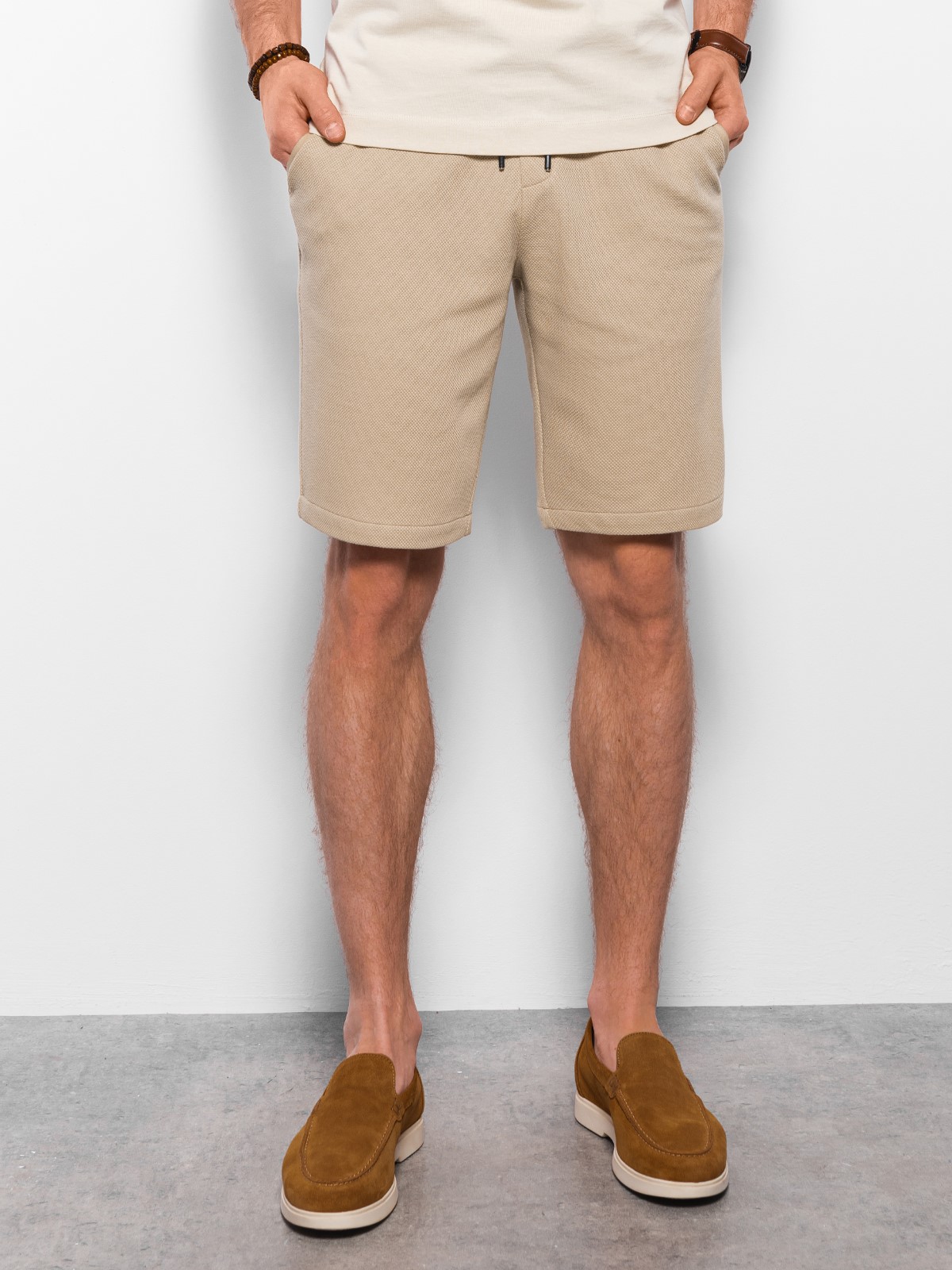 Ombre Men's Knitted Shorts With Decorative Elastic Waistband - Beige