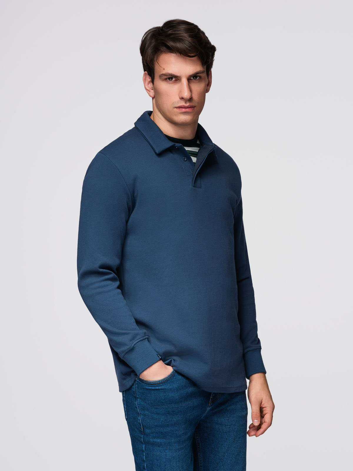 Ombre Men&#039;s structured knit polo collar sweatshirt - dark blue