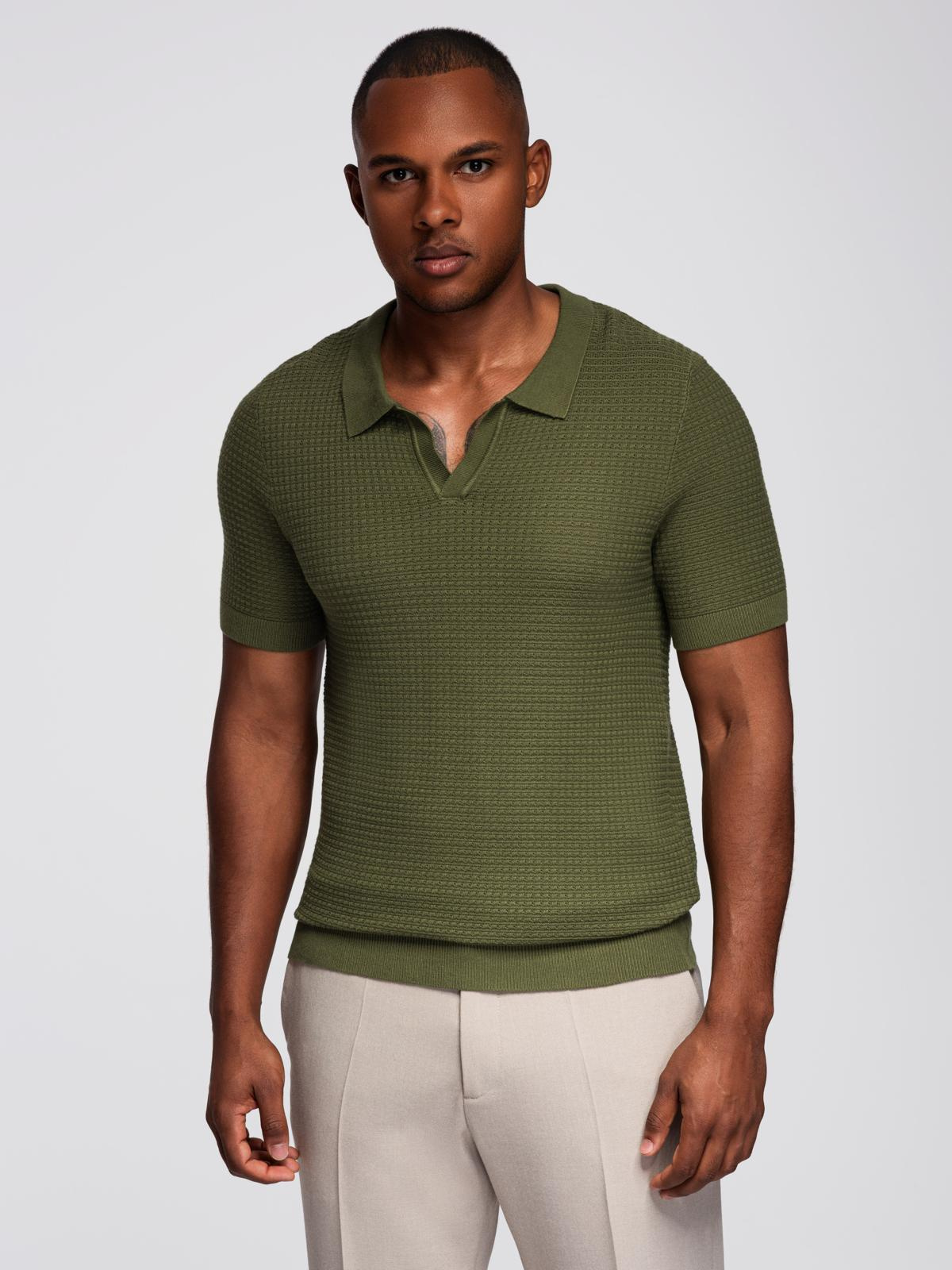 Ombre Men's knitted unbuttoned polo shirt - olive