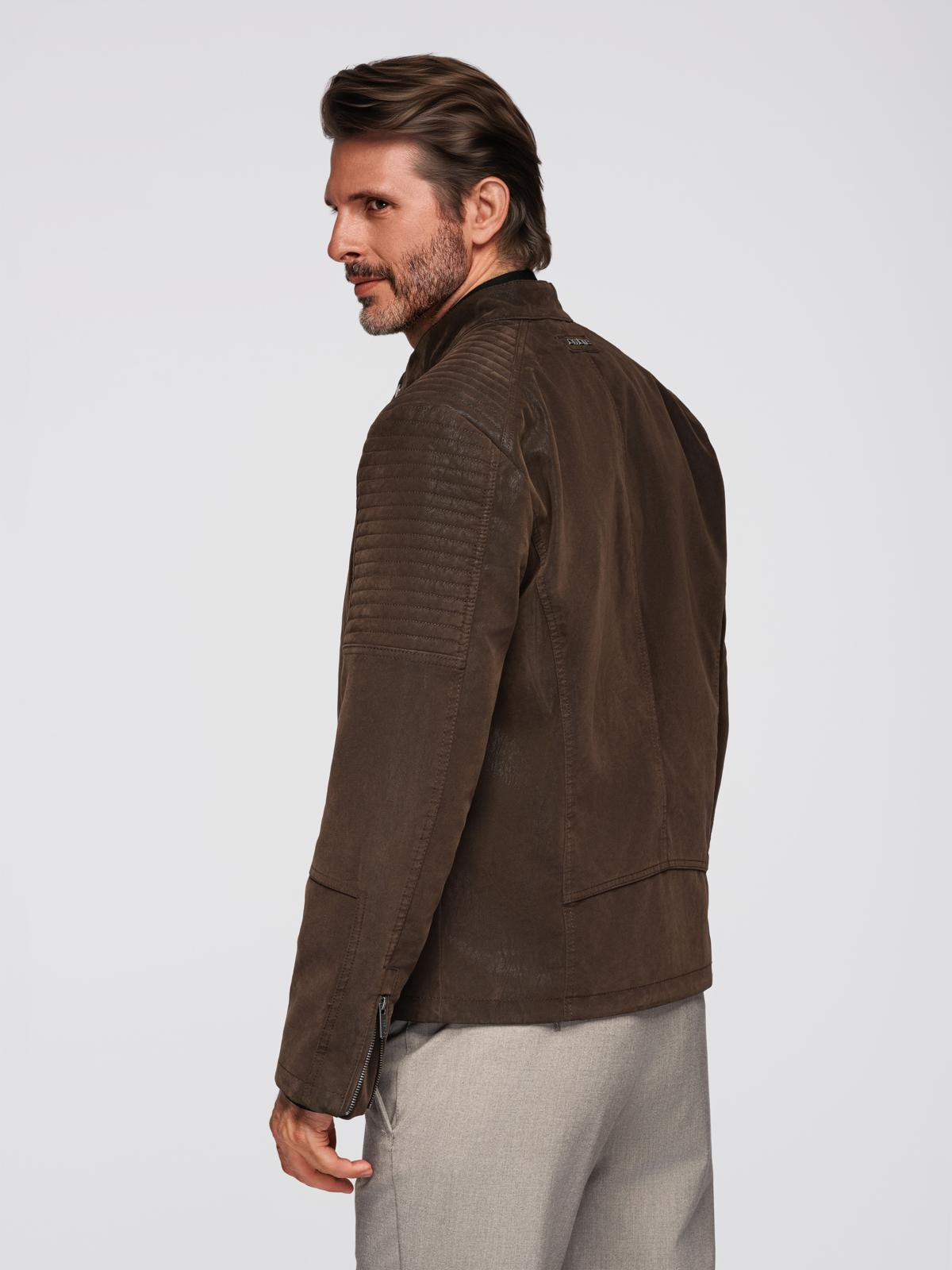 Ombre Men&#039;s retro biker jacket with stand-up collar - brown