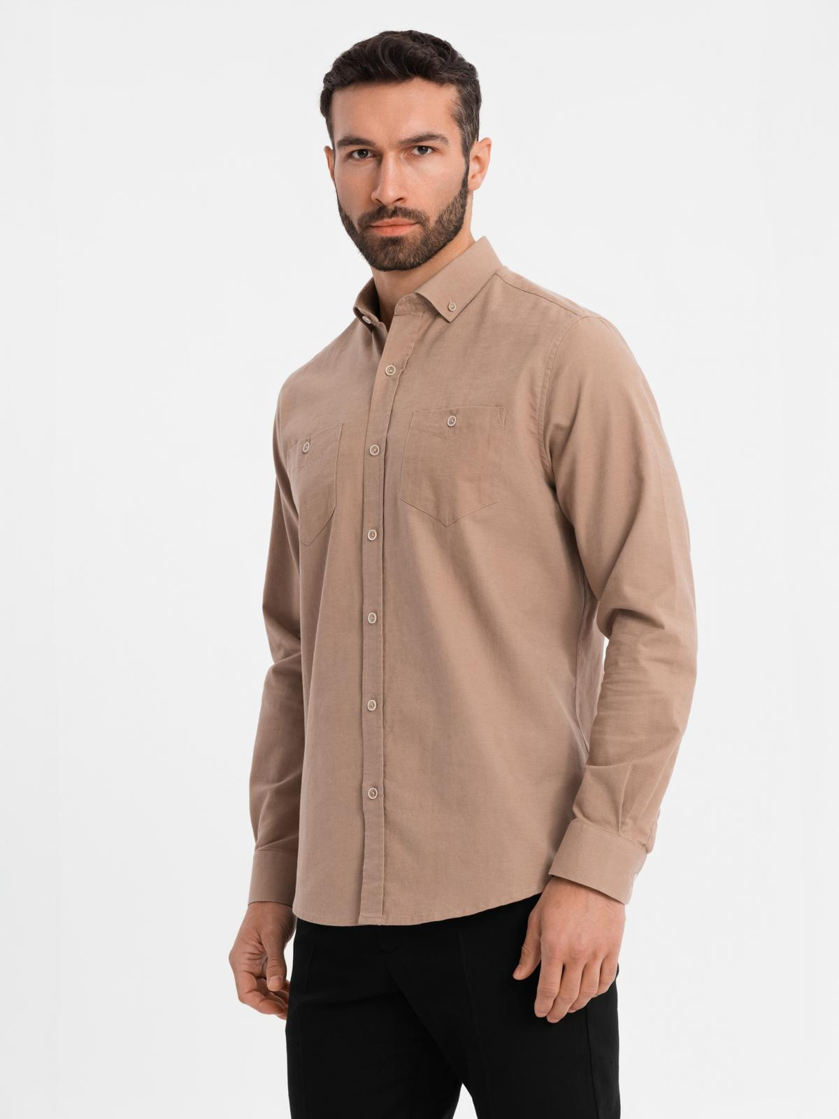 Ombre Men&#039;s linen shirt with classic collar and pockets REGULAR FIT - light brown
