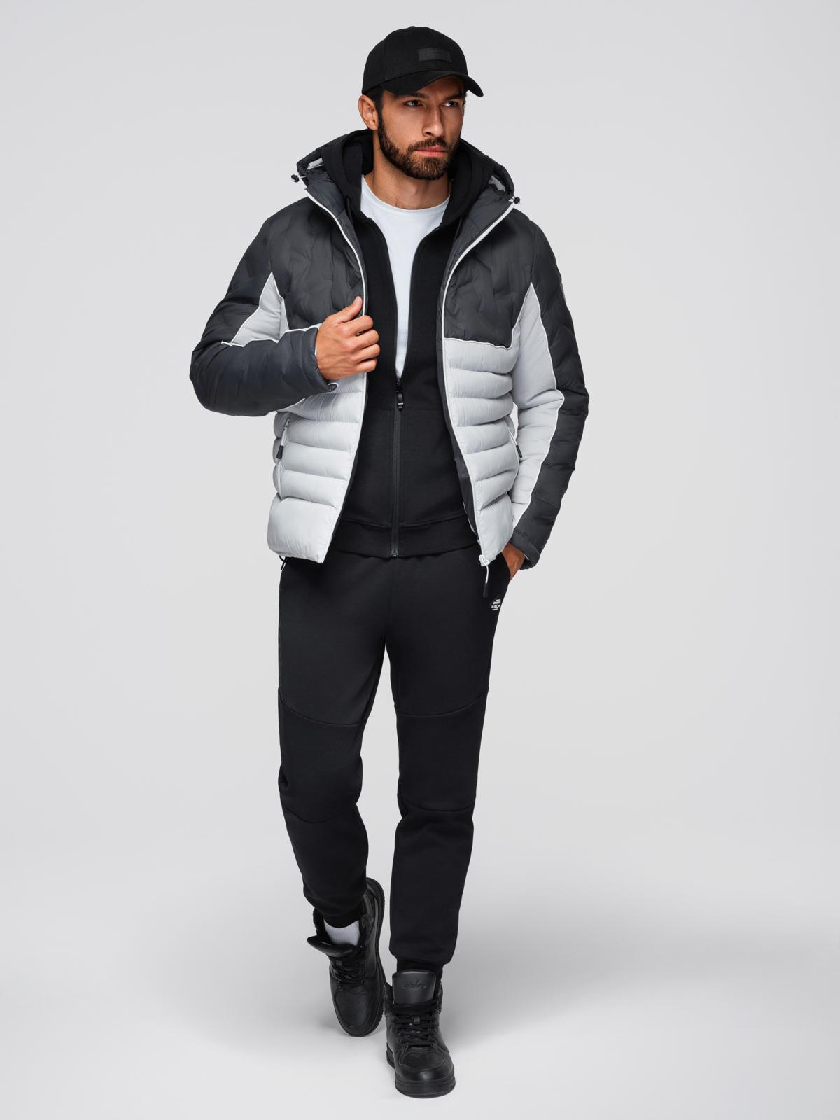 Ombre Men&#039;s quilted jacket with detachable hood - graphite and white
