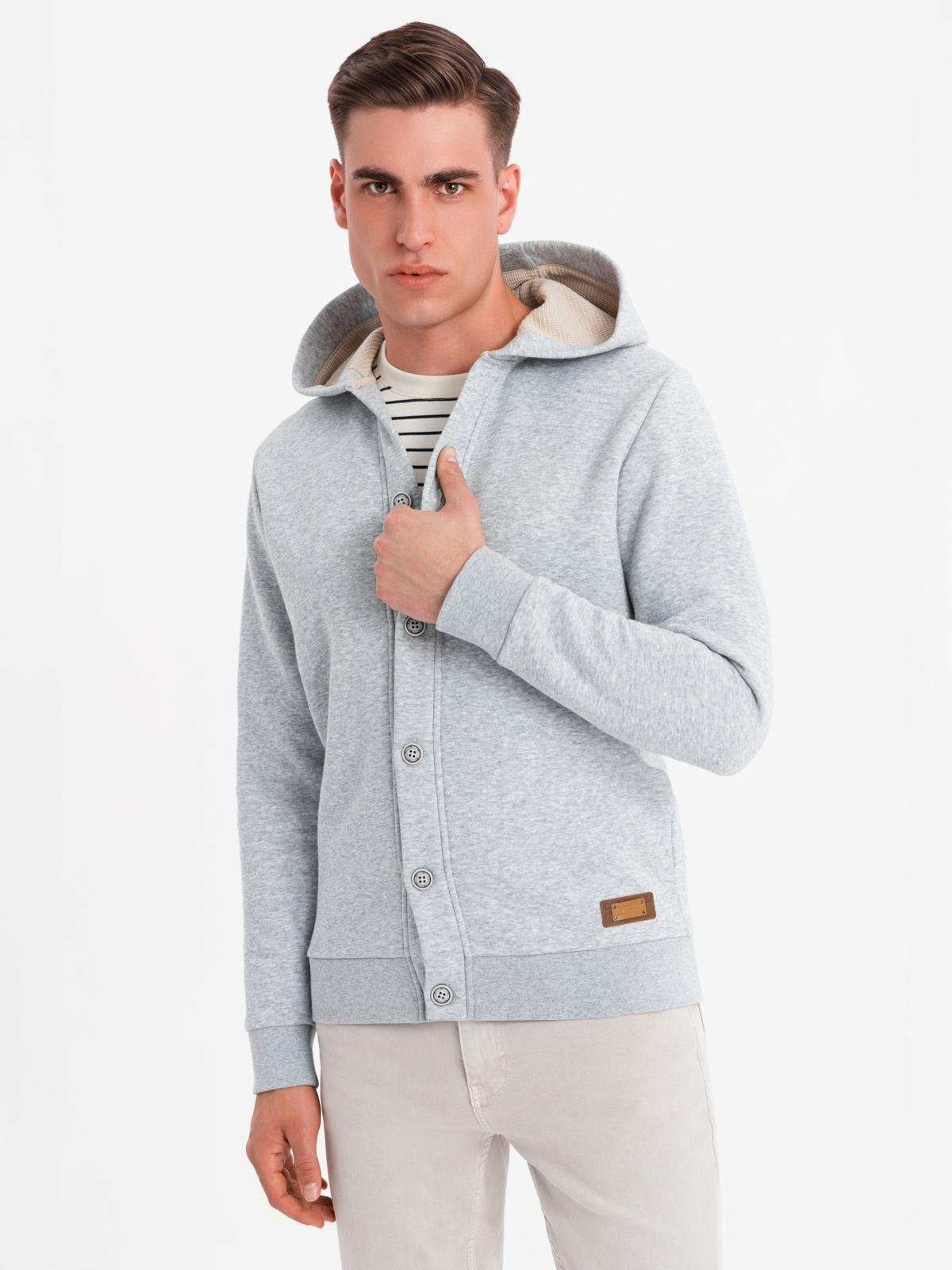 Ombre Men's button-down hooded sweatshirt - grey melange