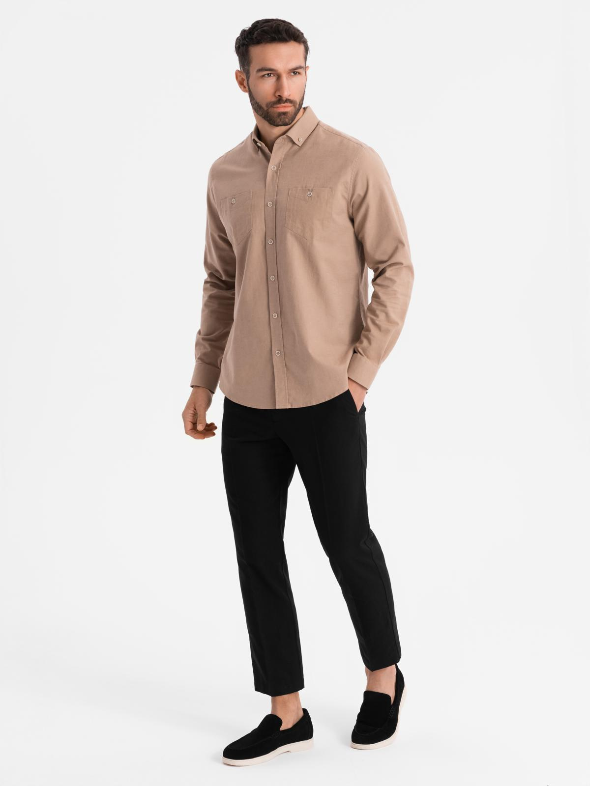 Ombre Men&#039;s linen shirt with classic collar and pockets REGULAR FIT - light brown