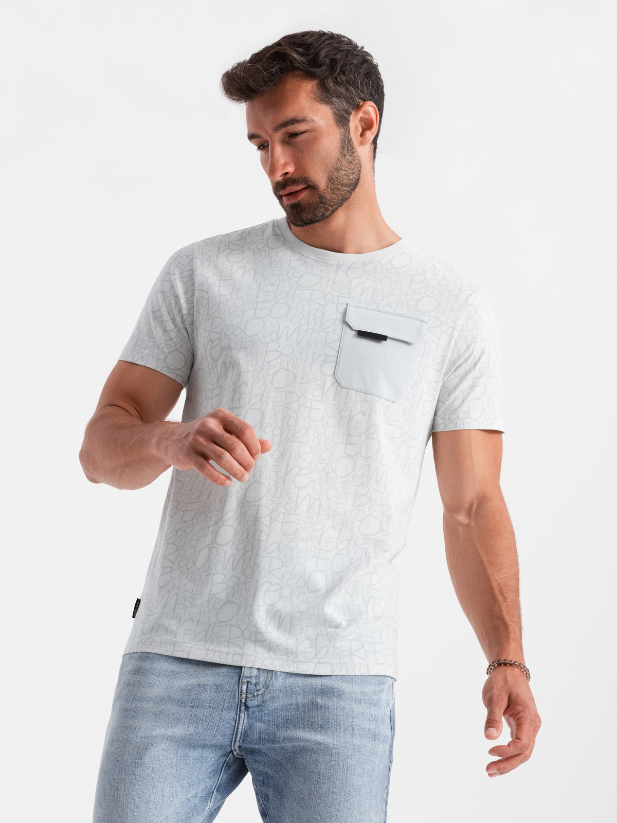 Ombre Men's cotton t-shirt with letter print and pocket - white-gray