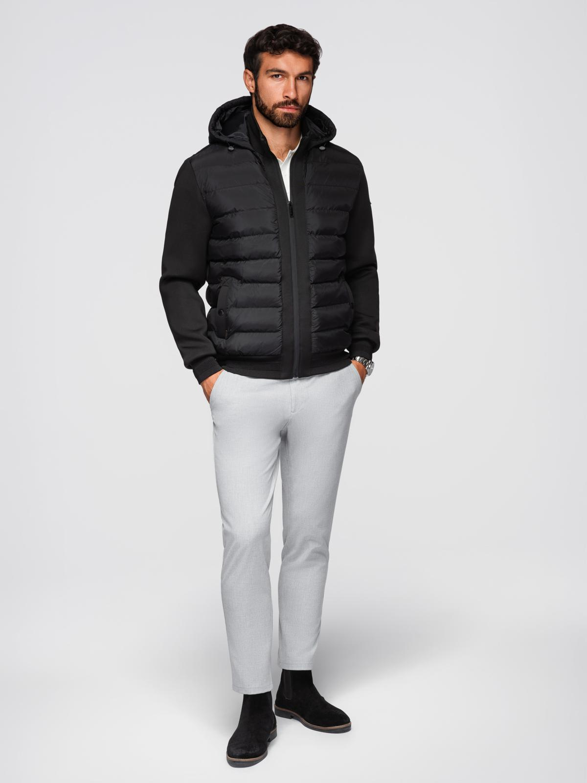 Ombre Quilted bomber jacket with hood and knitted sleeves - black