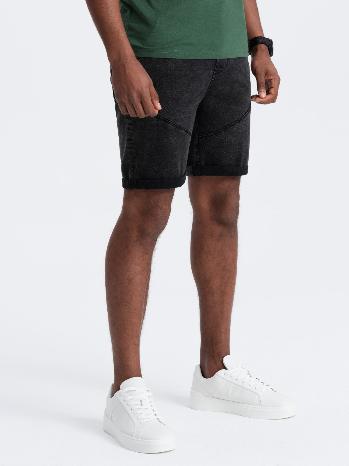 Ombre Turn-up men&#039;s denim short shorts with stitching - black