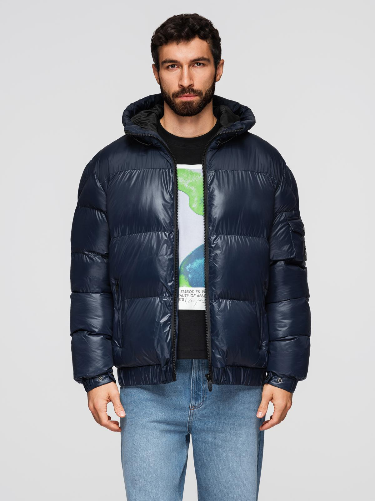 Ombre Warm men's puffer jacket with welts - navy blue
