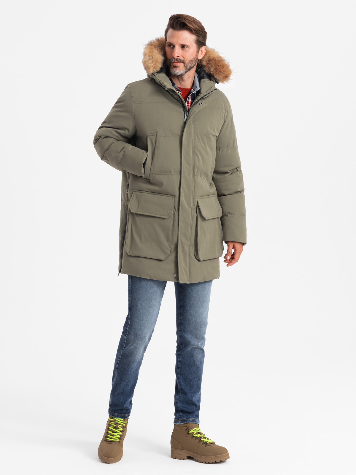 Ombre Men&#039;s long parka jacket with flared bottom - dark olive green