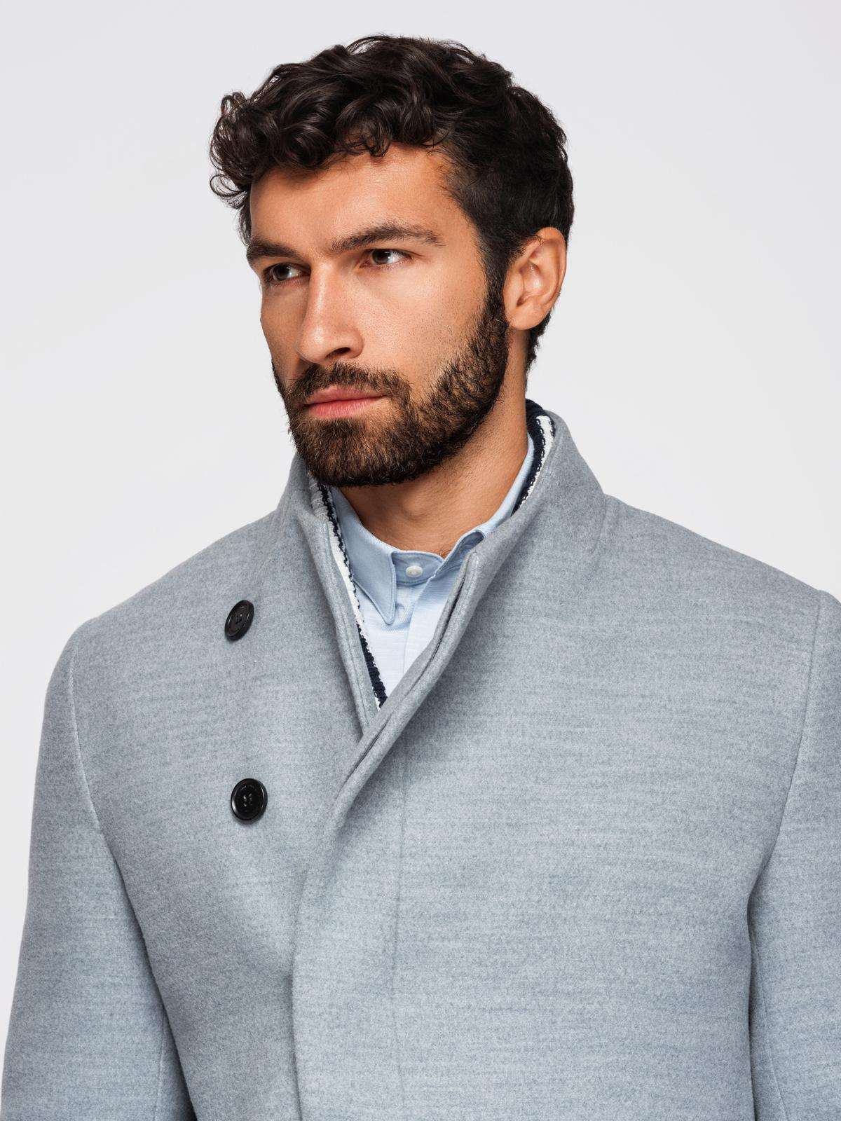 Ombre Men&#039;s coat with high collar and asymmetrical fastening - grey melange
