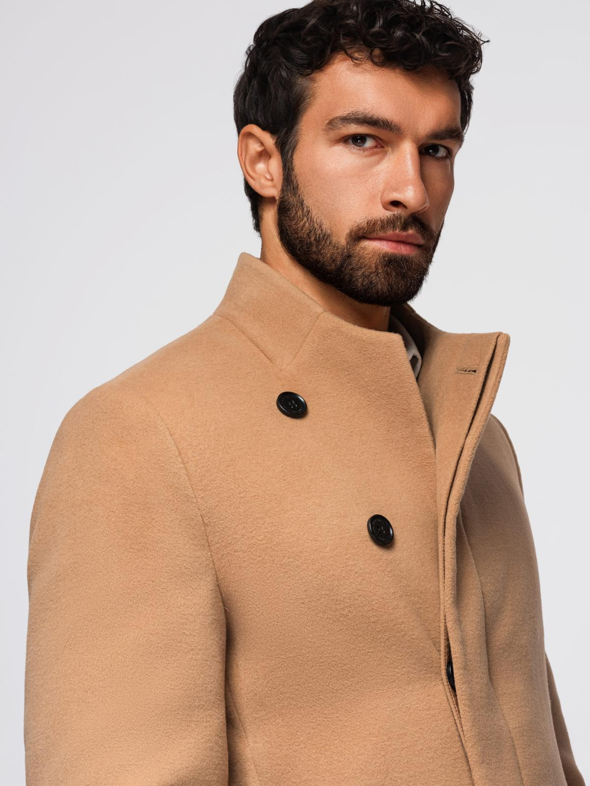 Ombre Men&#039;s coat with asymmetrical fastening and high collar - light brown